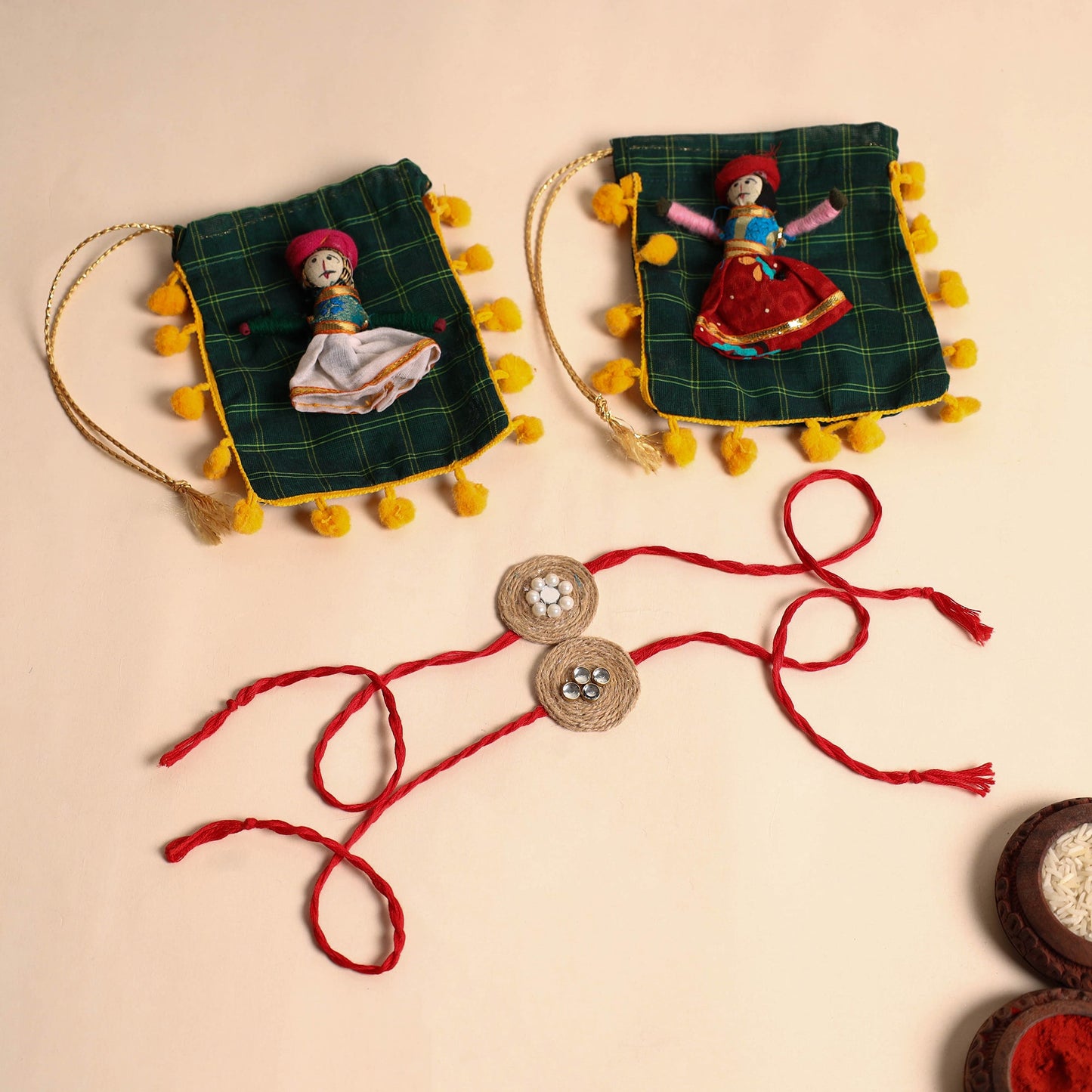 Handmade Mirror & Stone Work Jute Rakhi (Set of 2)