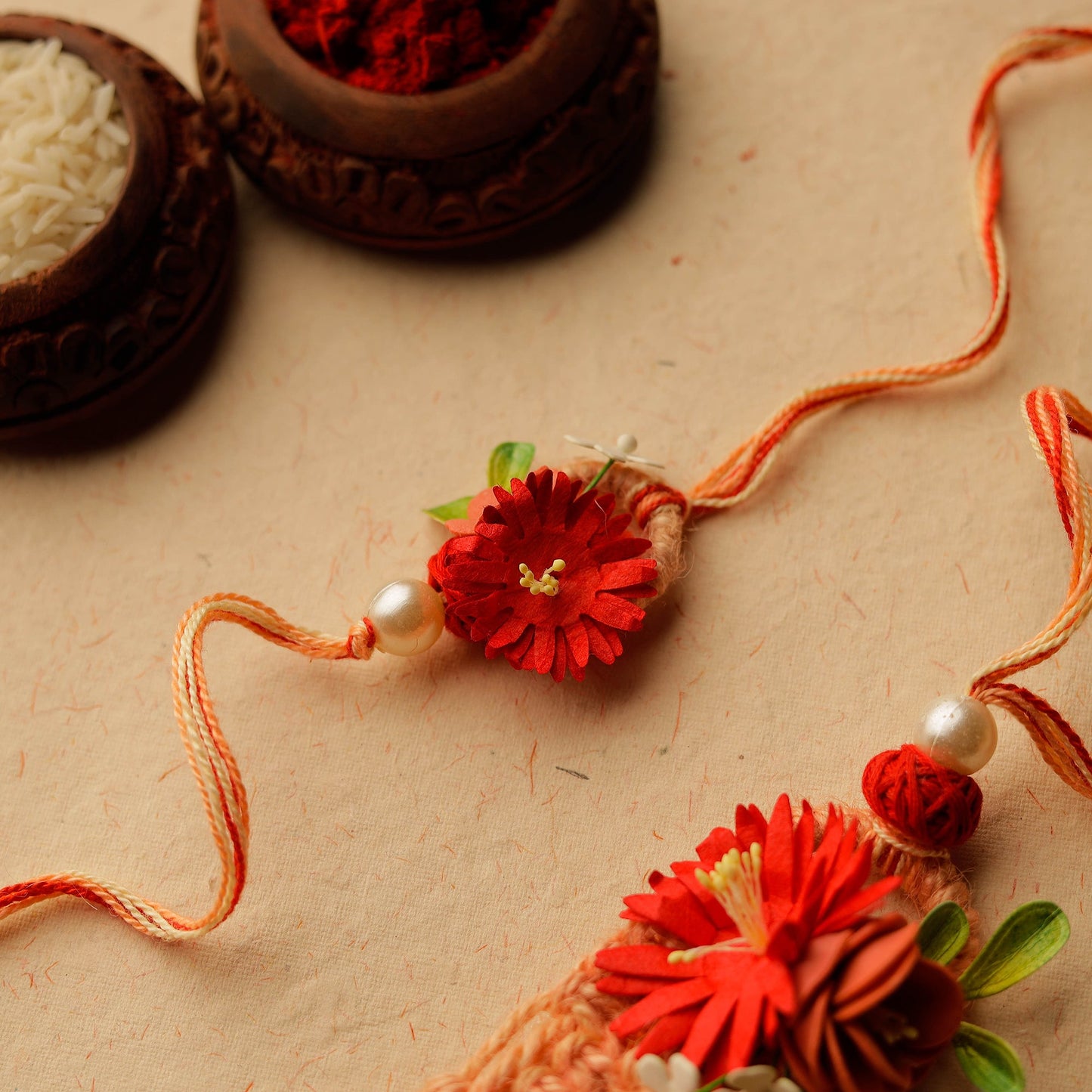 Handmade Paper Flowers & Thread Work Rakhi & Lumba Set 36