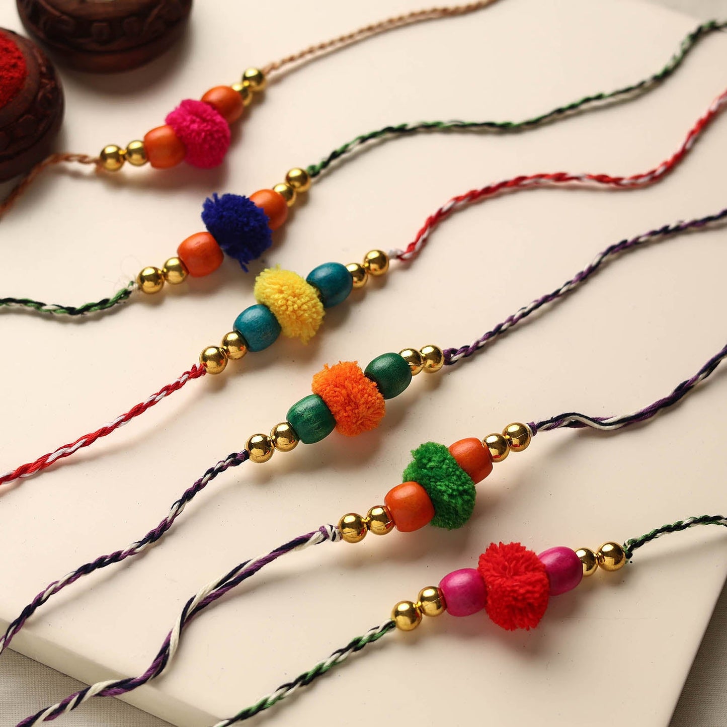 Handmade Pom Pom & Bead Work Rakhi (Assorted Set of 6)