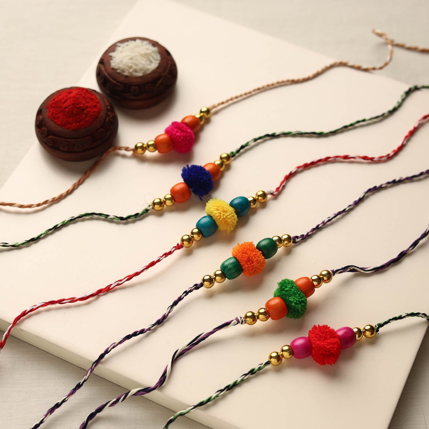 Handmade Pom Pom & Bead Work Rakhi (Assorted Set of 6)