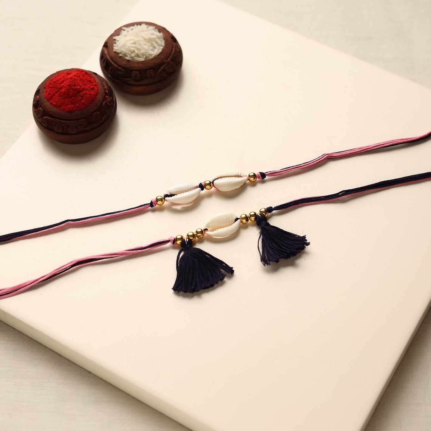 Handmade Shell & Bead Work Rakhi & Lumba Set