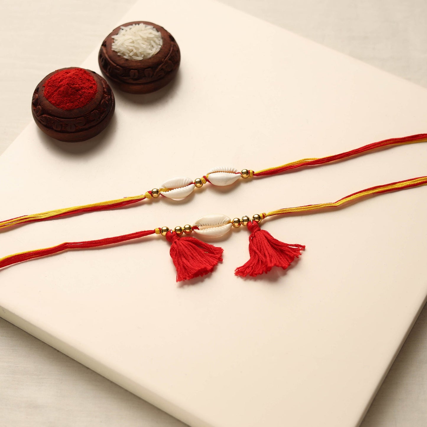 Handmade Shell & Bead Work Rakhi & Lumba Set