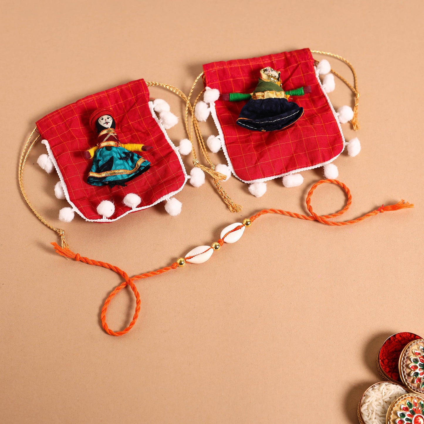 Handmade Shell & Bead Work Rakhi & Lumba Set