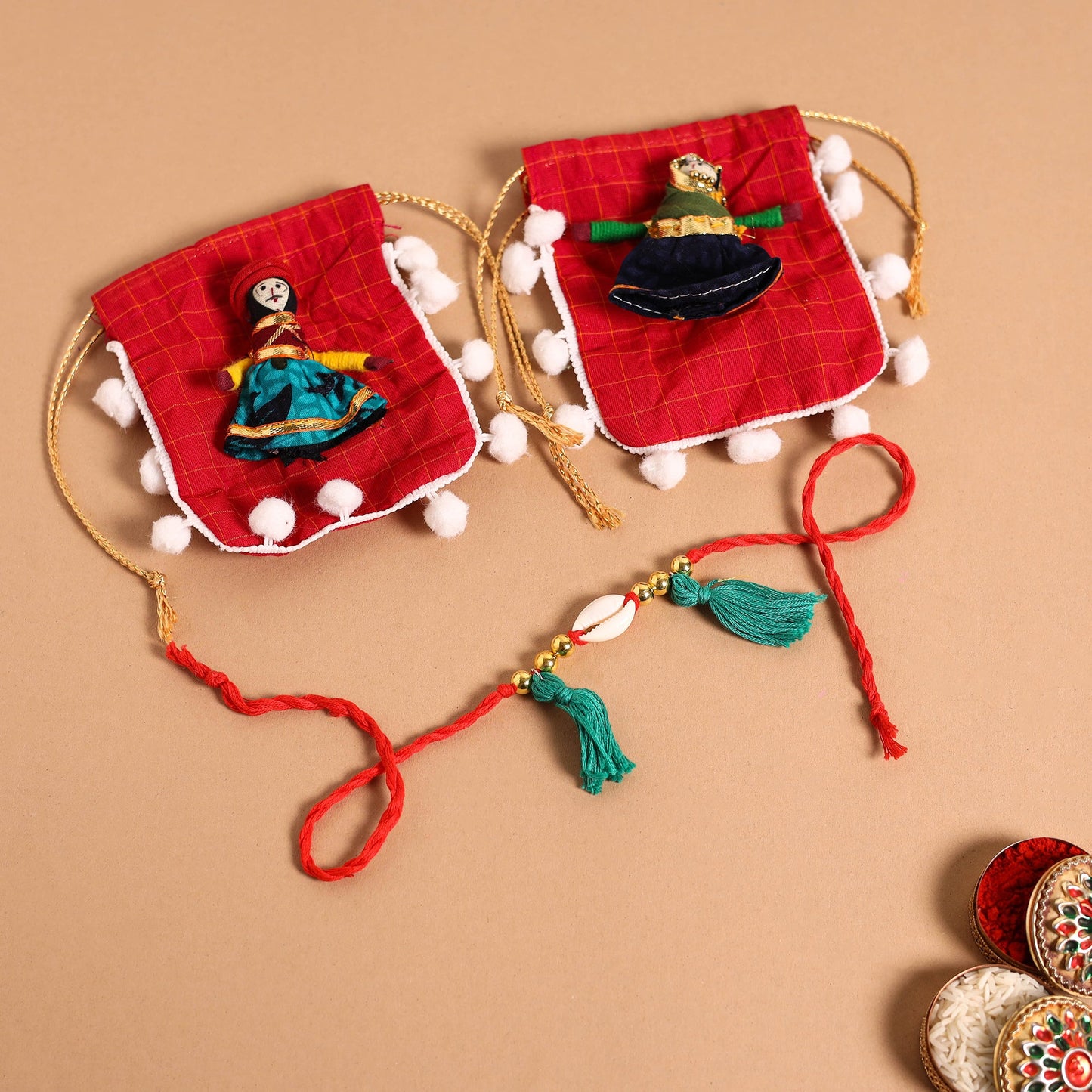 Handmade Shell & Bead Work Rakhi & Lumba Set