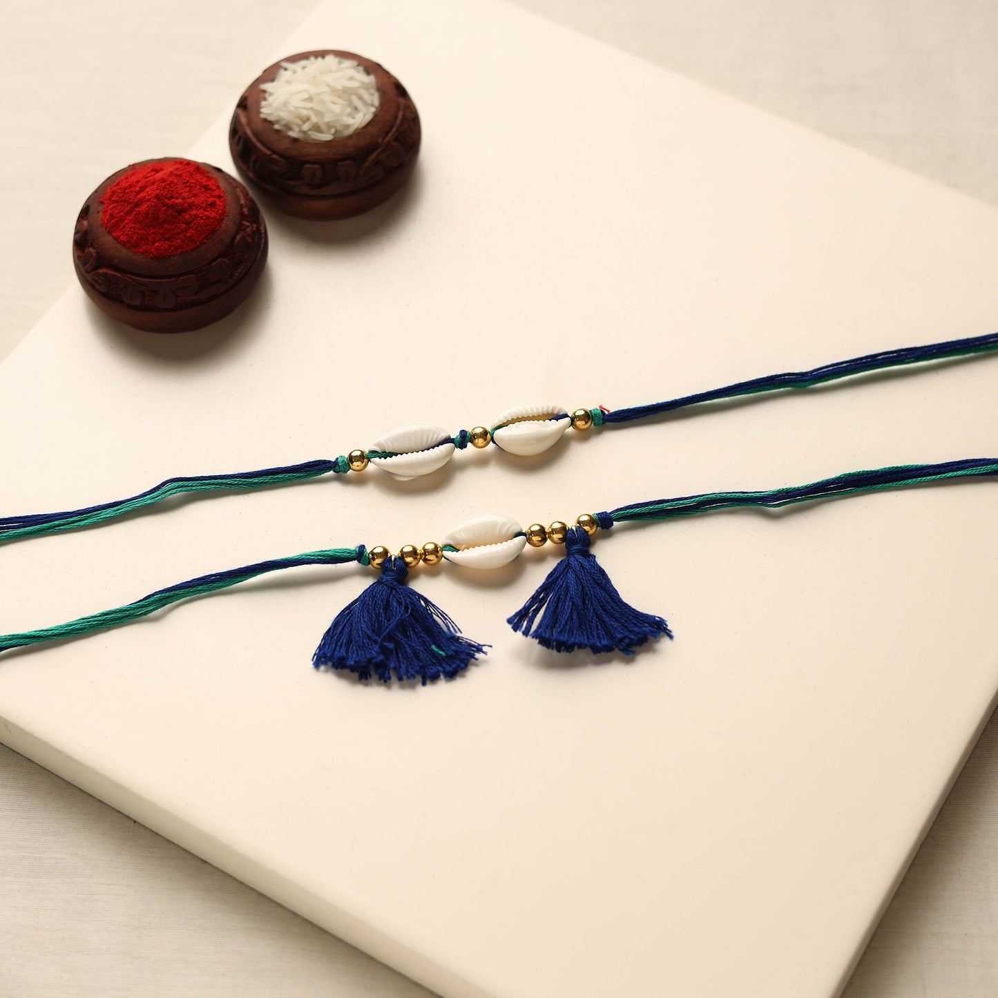 Handmade Shell & Bead Work Rakhi & Lumba Set