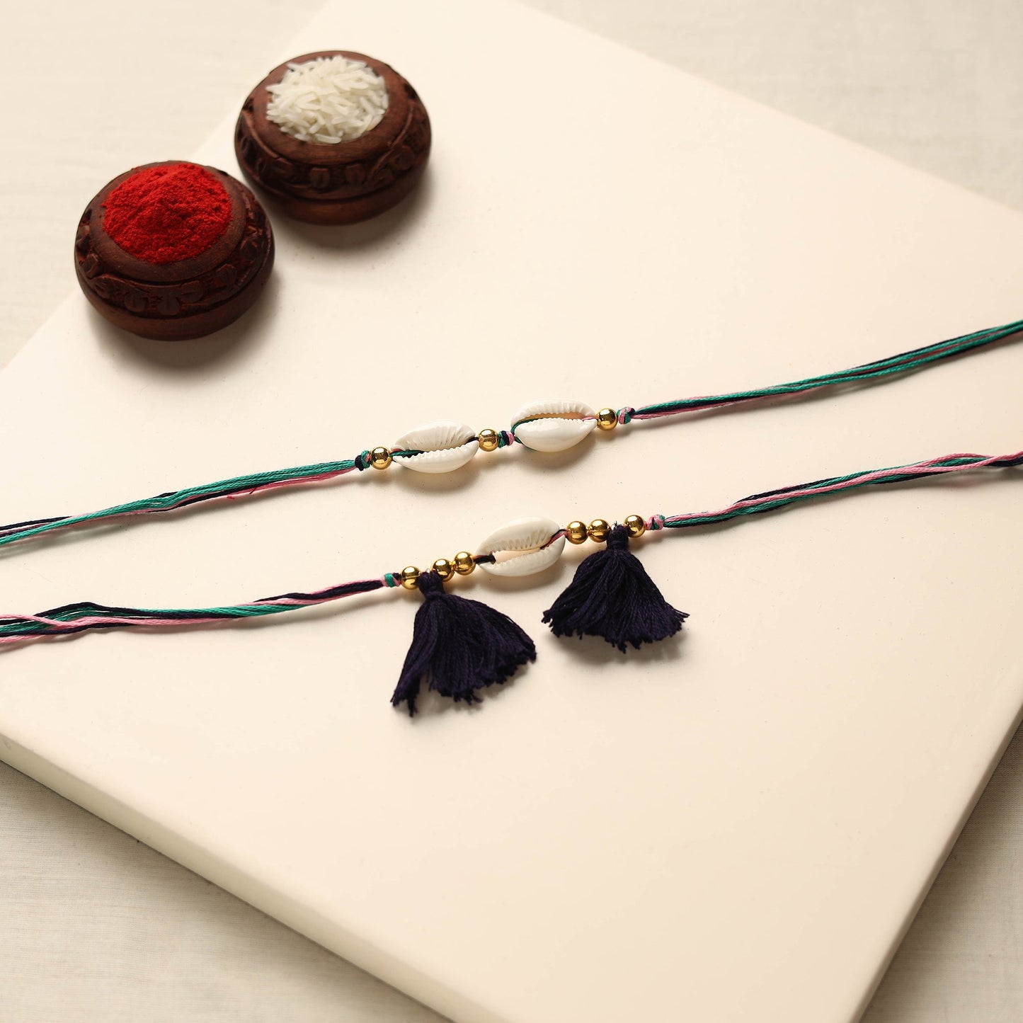 Handmade Shell & Bead Work Rakhi & Lumba Set