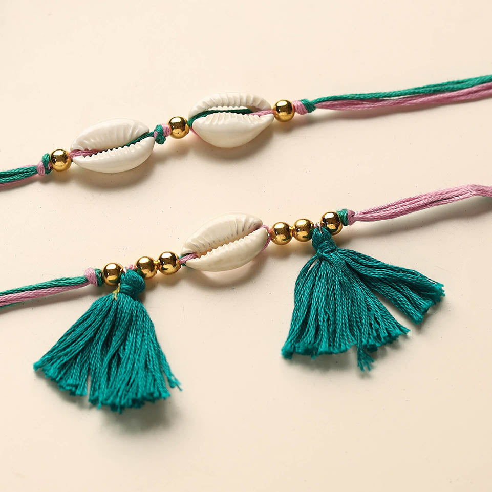 Handmade Shell & Bead Work Rakhi & Lumba Set