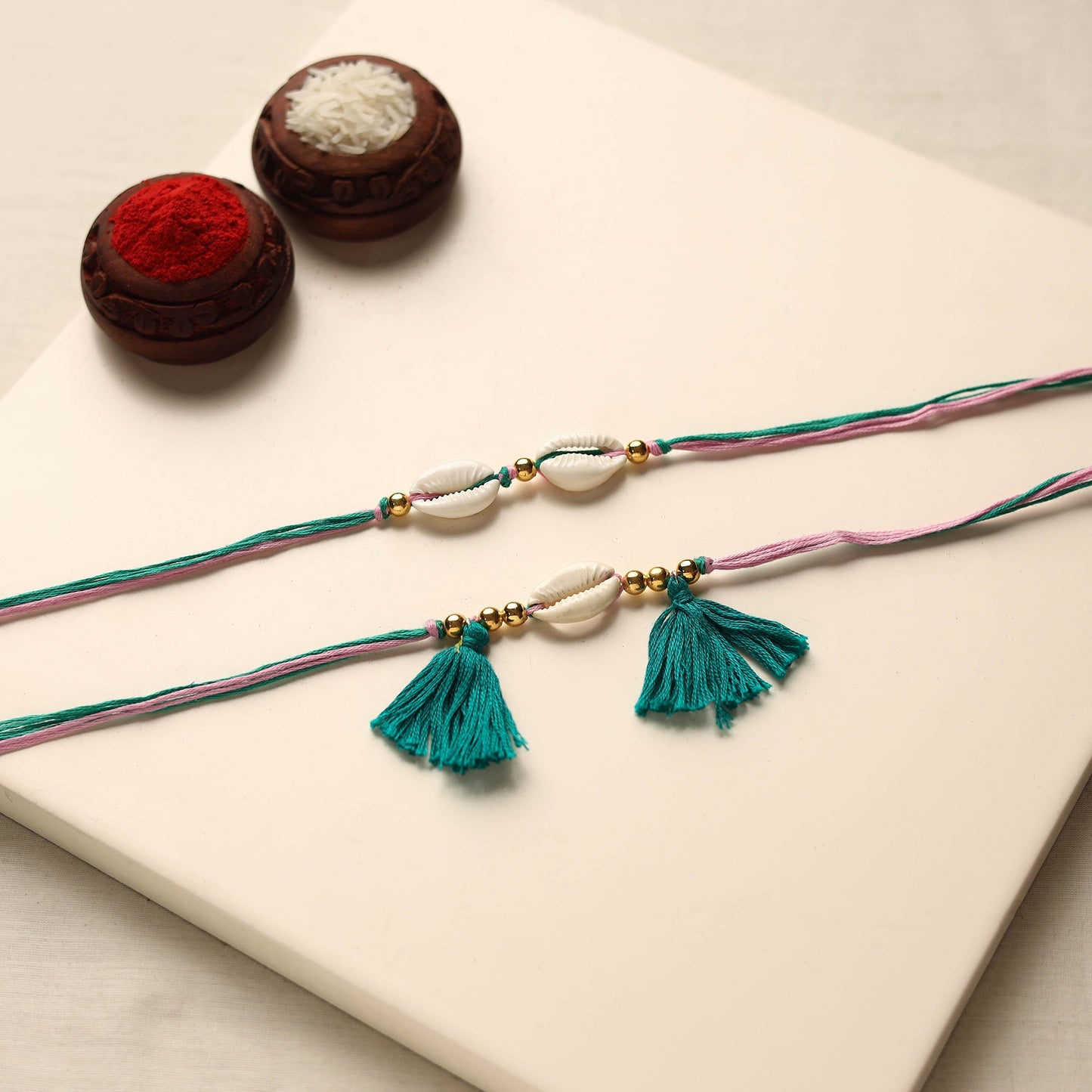 Handmade Shell & Bead Work Rakhi & Lumba Set