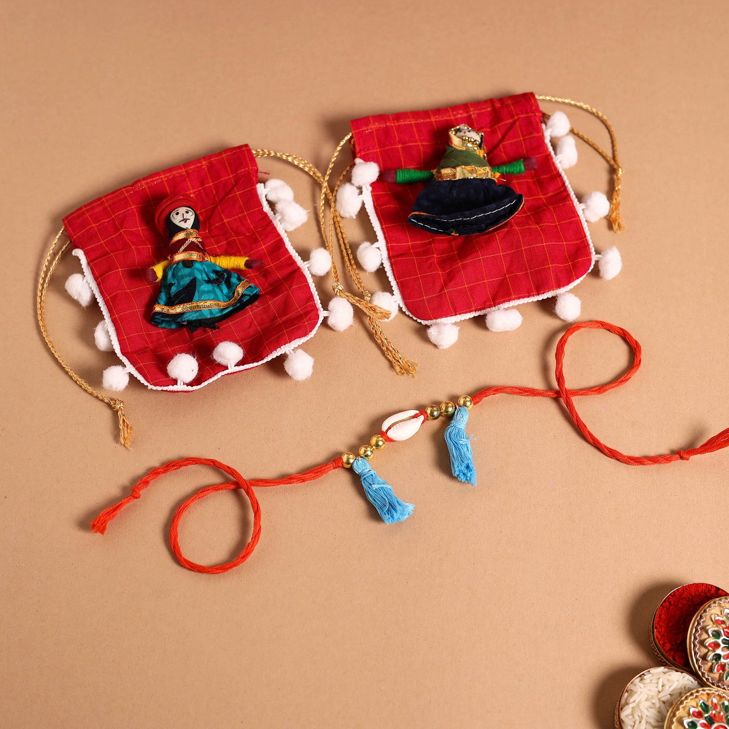 Handmade Shell & Bead Work Rakhi & Lumba Set