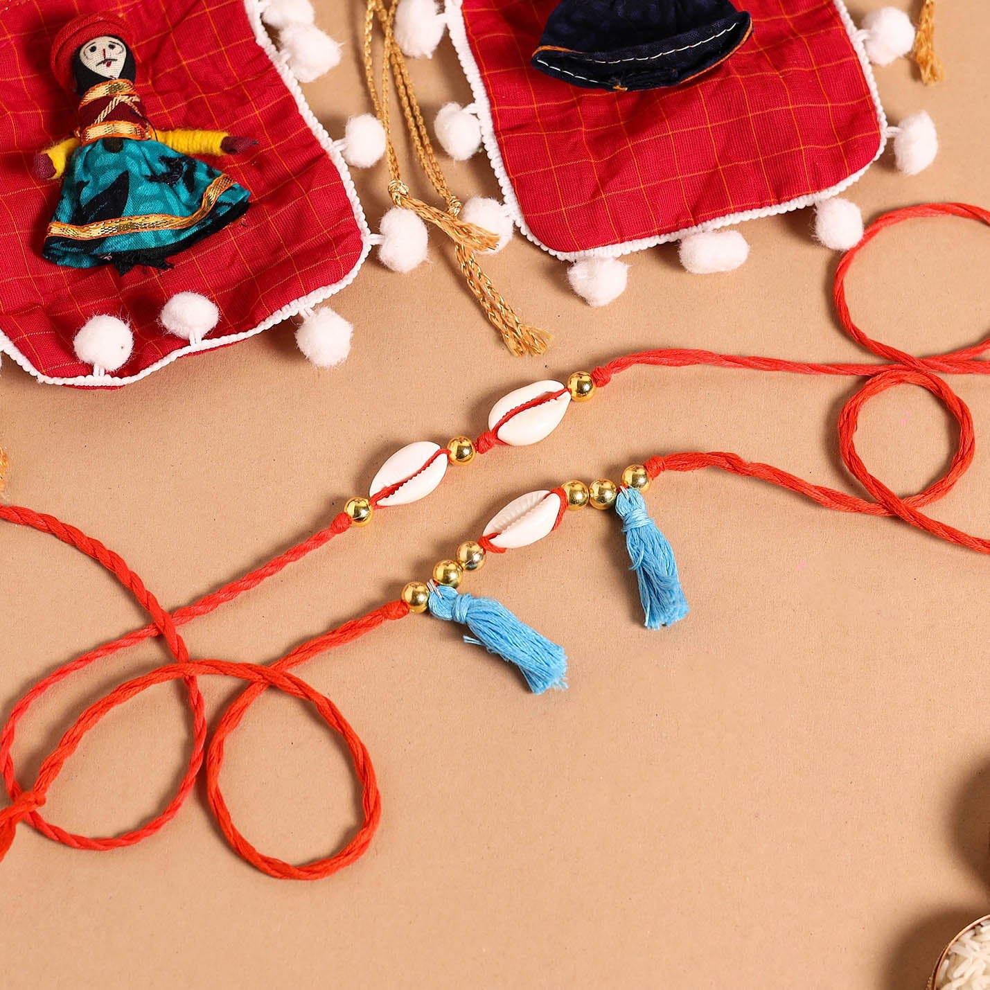 Handmade Shell & Bead Work Rakhi & Lumba Set