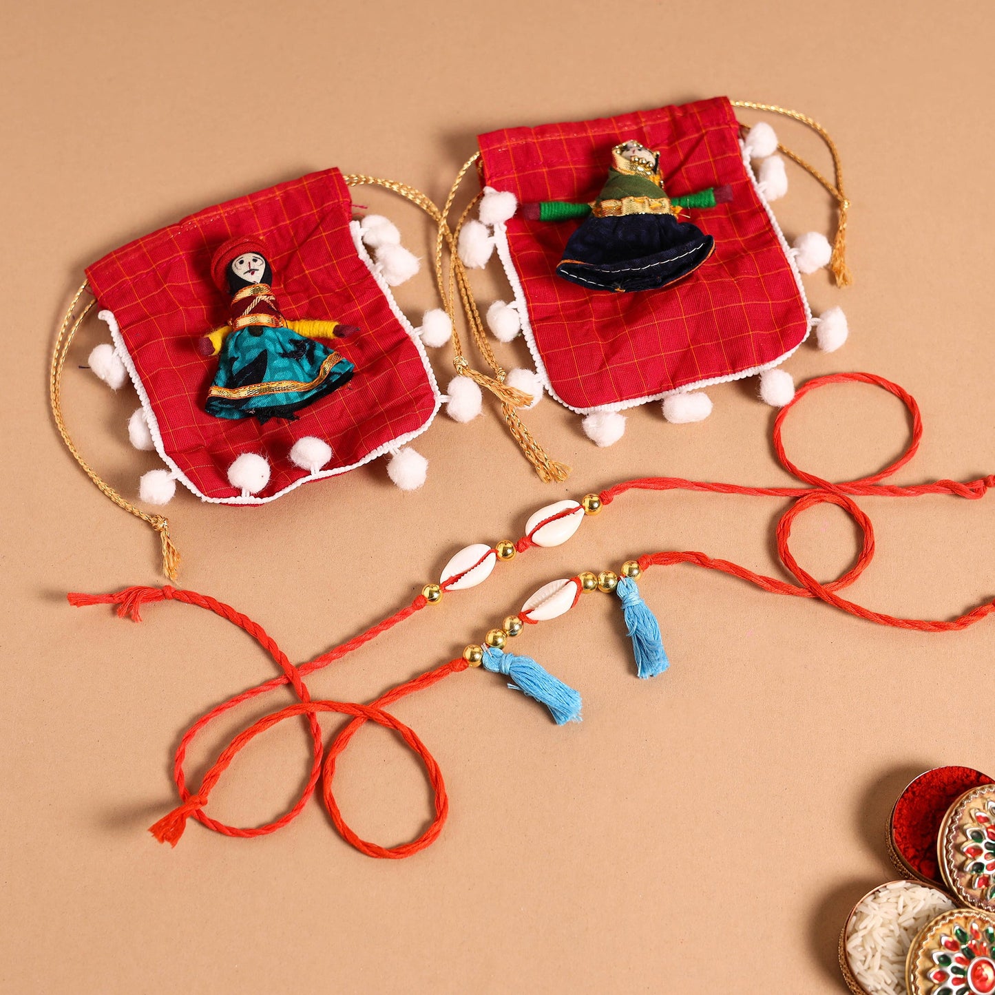 Handmade Shell & Bead Work Rakhi & Lumba Set