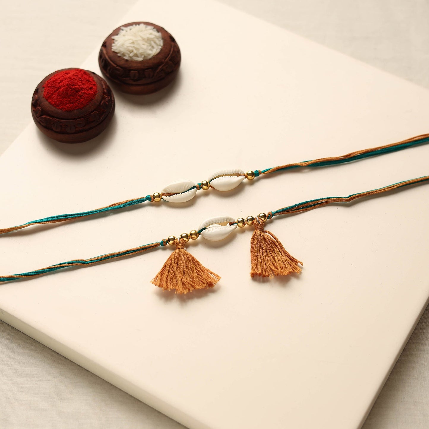 Handmade Shell & Bead Work Rakhi & Lumba Set