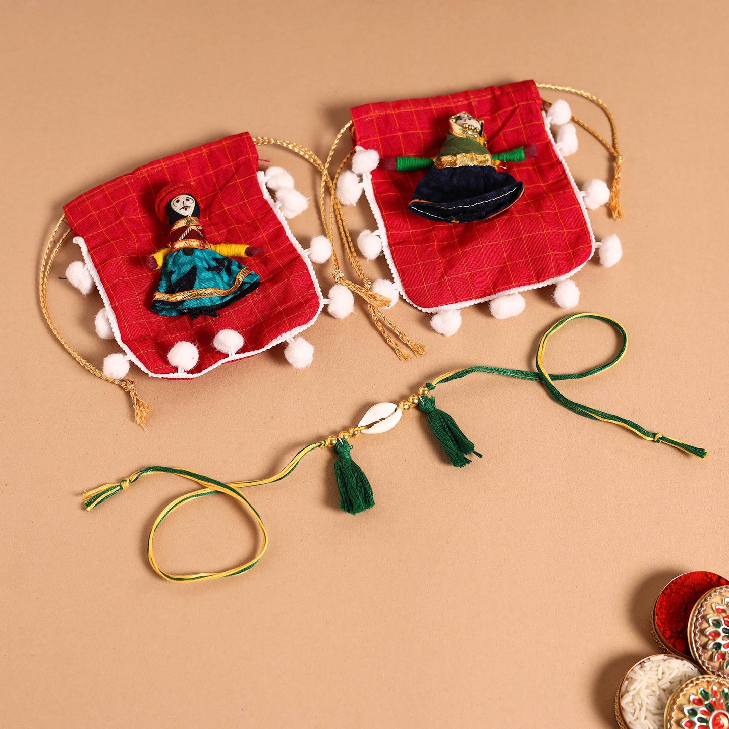 Handmade Shell & Bead Work Rakhi & Lumba Set