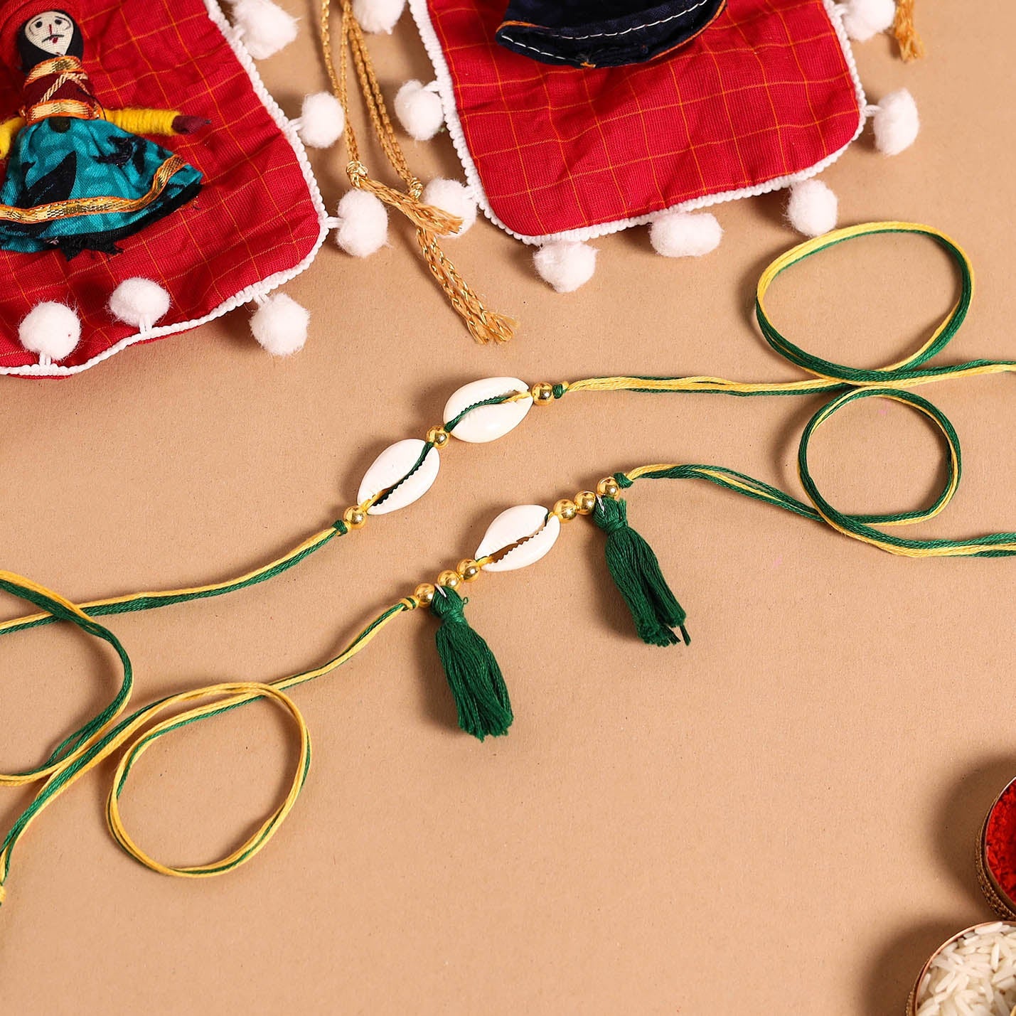 Handmade Shell & Bead Work Rakhi & Lumba Set