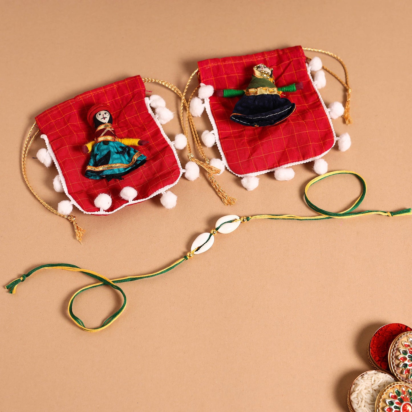 Handmade Shell & Bead Work Rakhi & Lumba Set