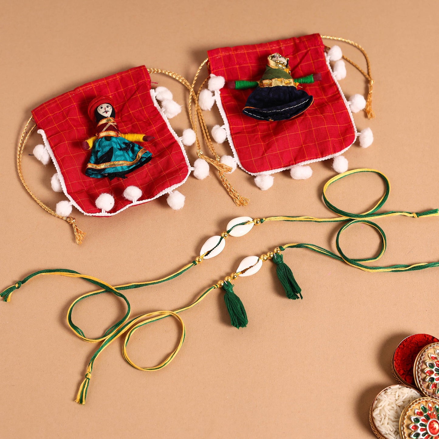 Handmade Shell & Bead Work Rakhi & Lumba Set