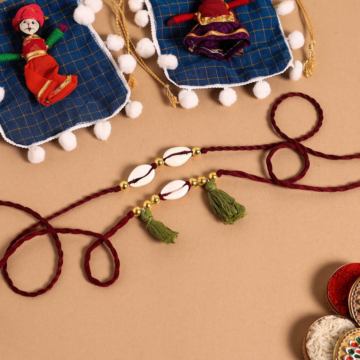 Handmade Shell & Bead Work Rakhi & Lumba Set