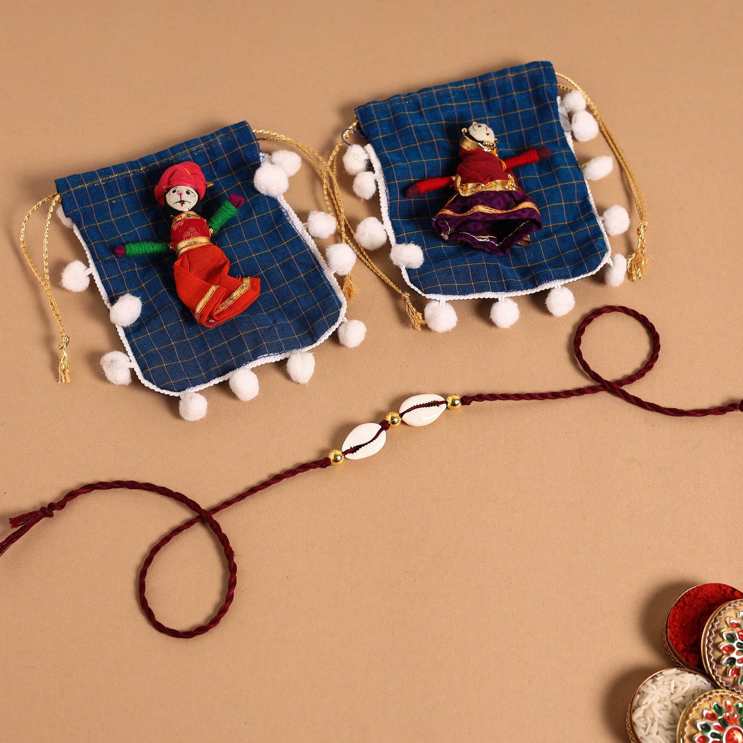 Handmade Shell & Bead Work Rakhi & Lumba Set