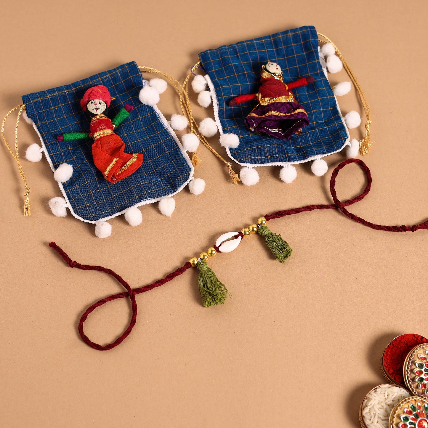 Handmade Shell & Bead Work Rakhi & Lumba Set