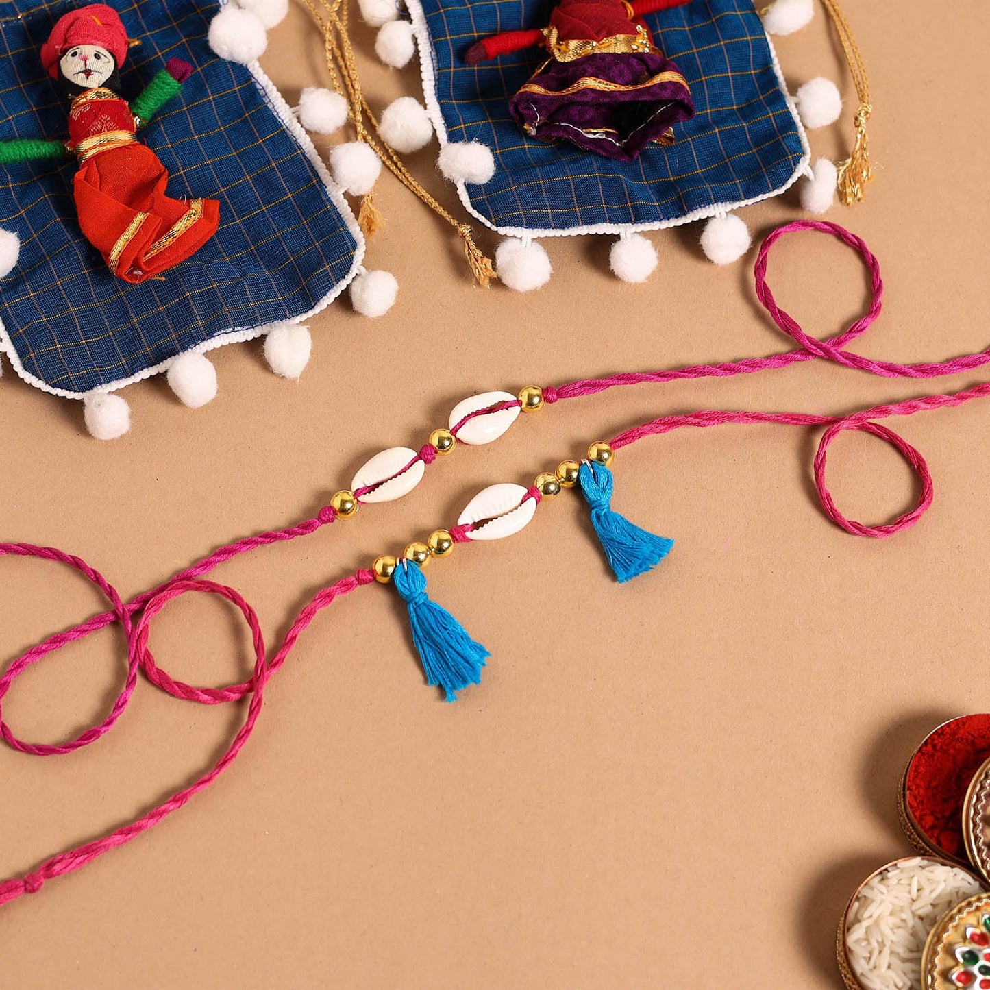 Handmade Shell & Bead Work Rakhi & Lumba Set