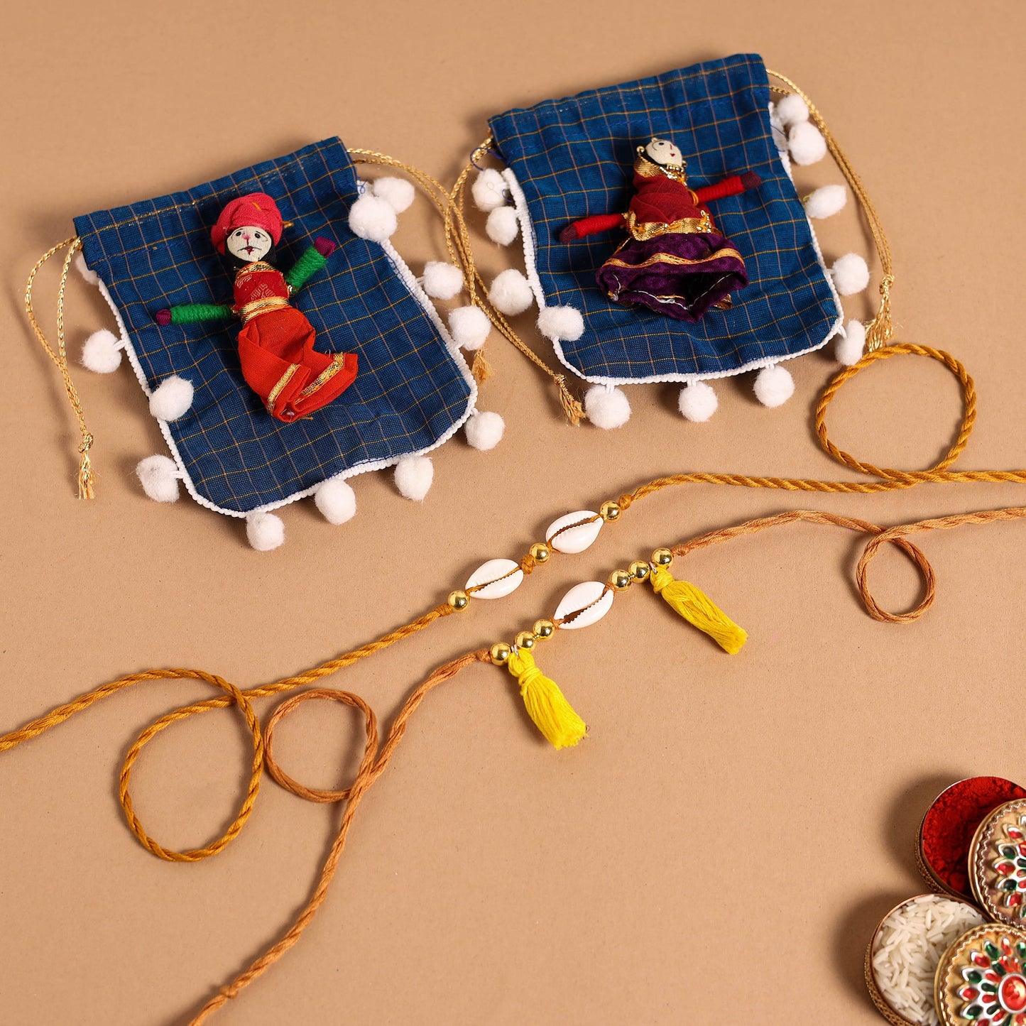 Handmade Shell & Bead Work Rakhi & Lumba Set