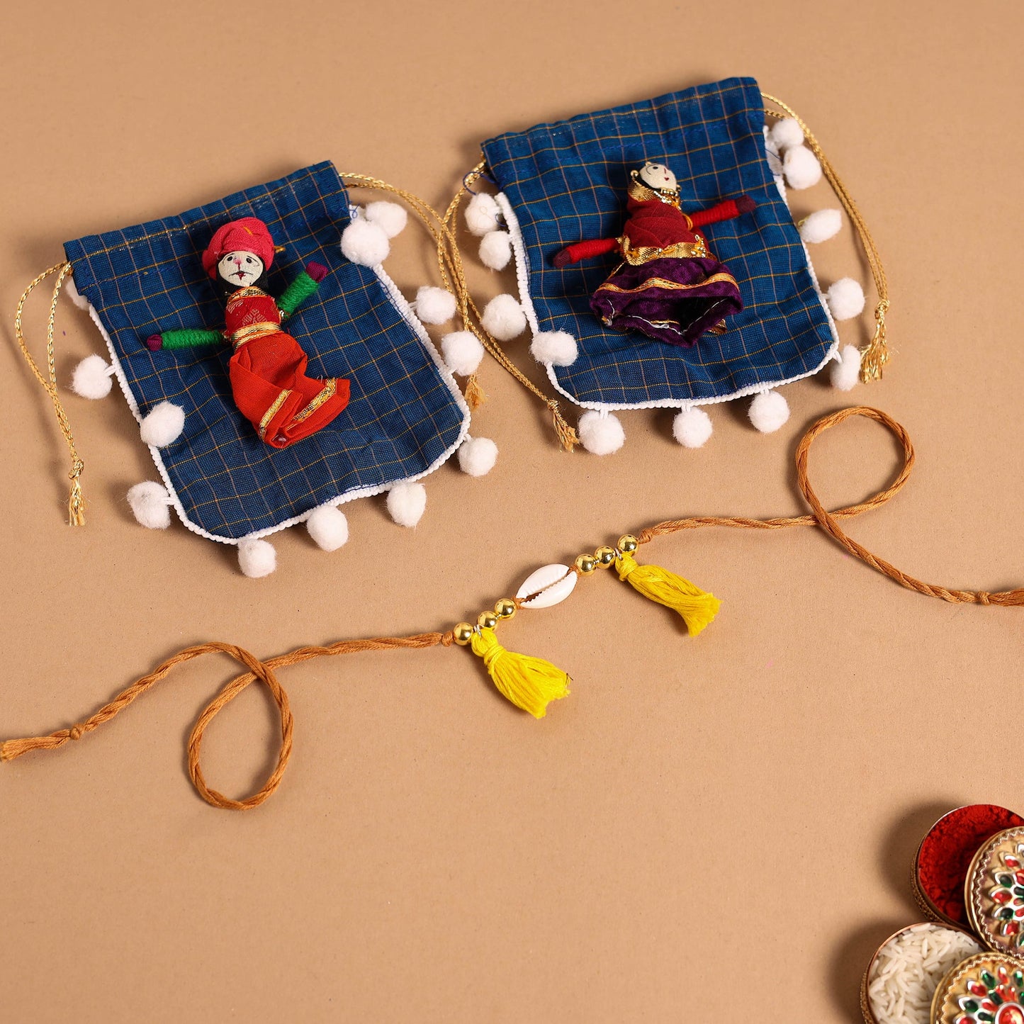 Handmade Shell & Bead Work Rakhi & Lumba Set