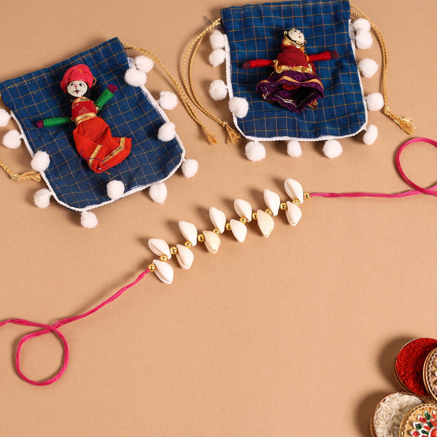 Handmade Shell & Bead Work Rakhi & Lumba Set