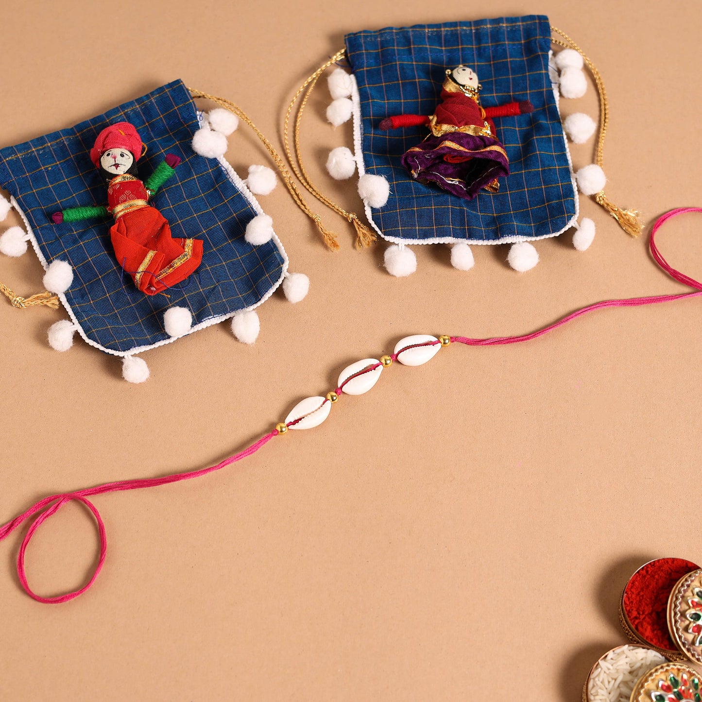 Handmade Shell & Bead Work Rakhi & Lumba Set