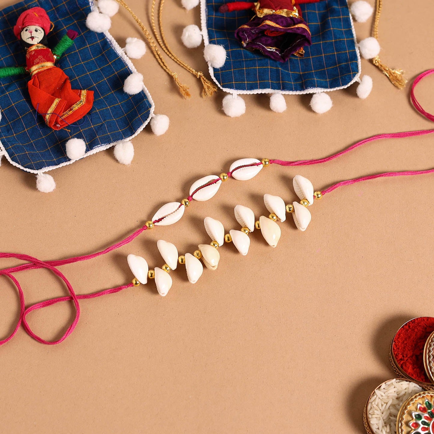 Handmade Shell & Bead Work Rakhi & Lumba Set