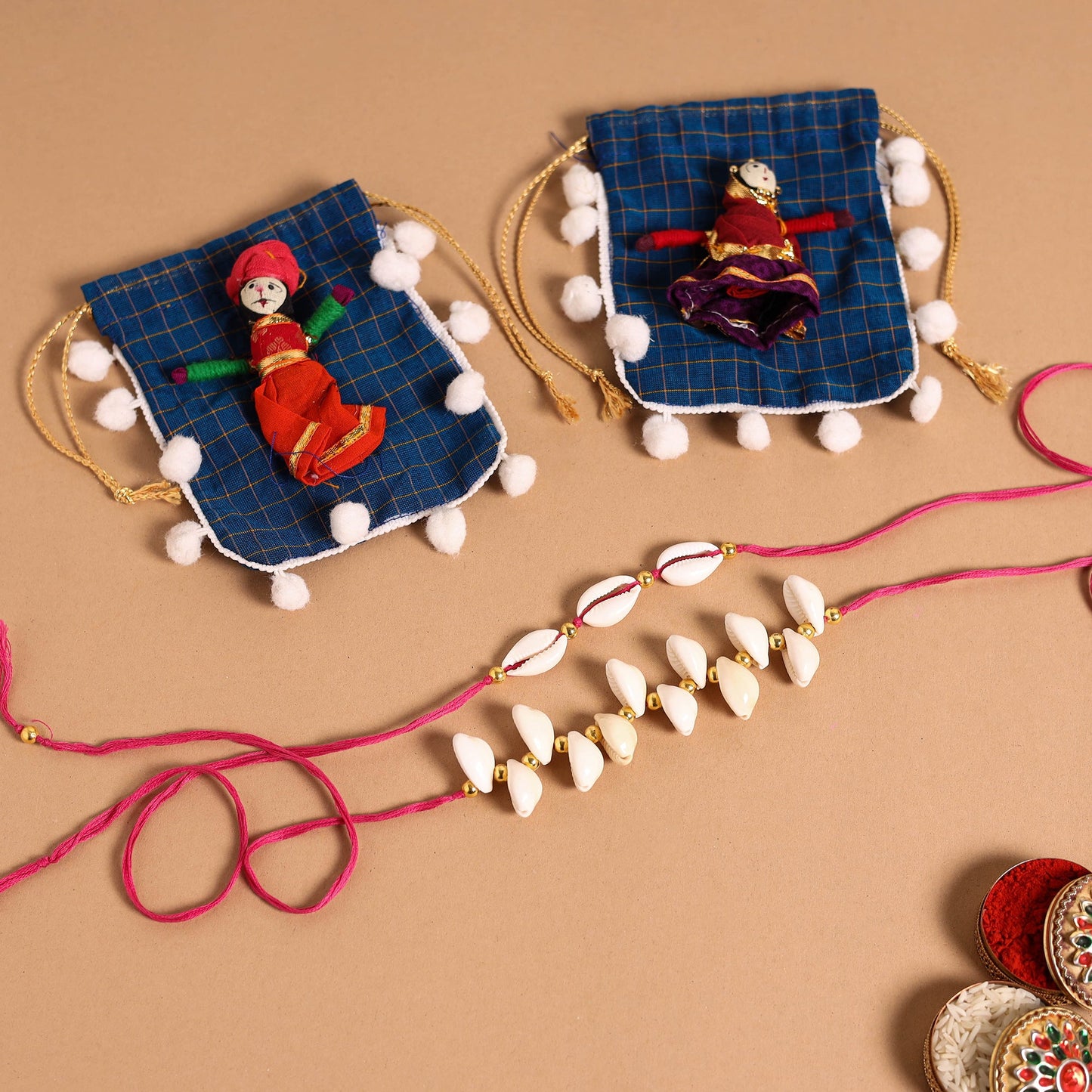 Handmade Shell & Bead Work Rakhi & Lumba Set