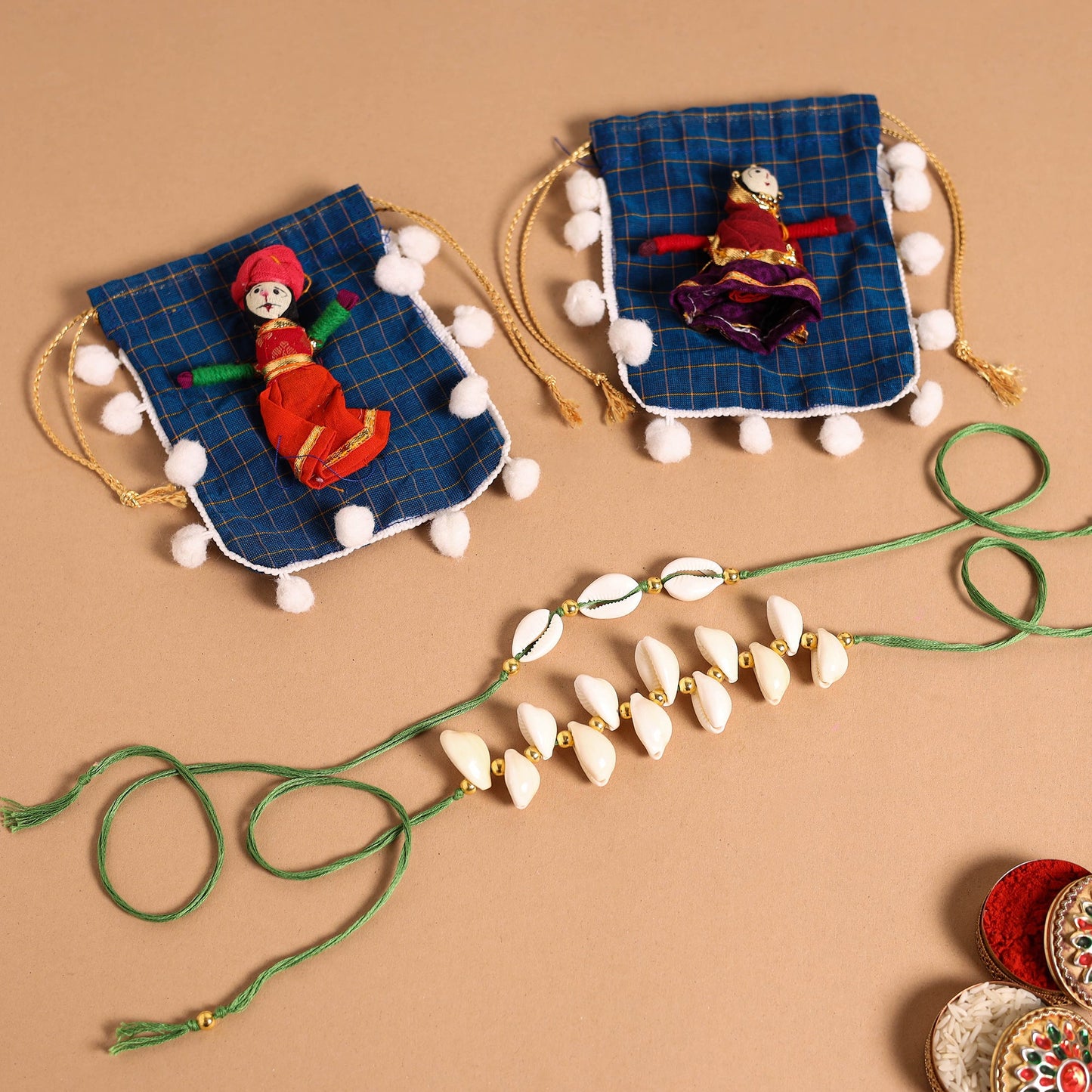 Handmade Shell & Bead Work Rakhi & Lumba Set