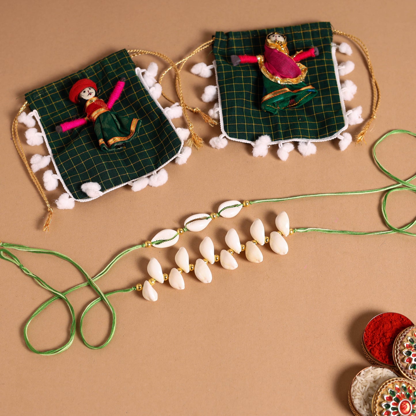 Handmade Shell & Bead Work Rakhi & Lumba Set