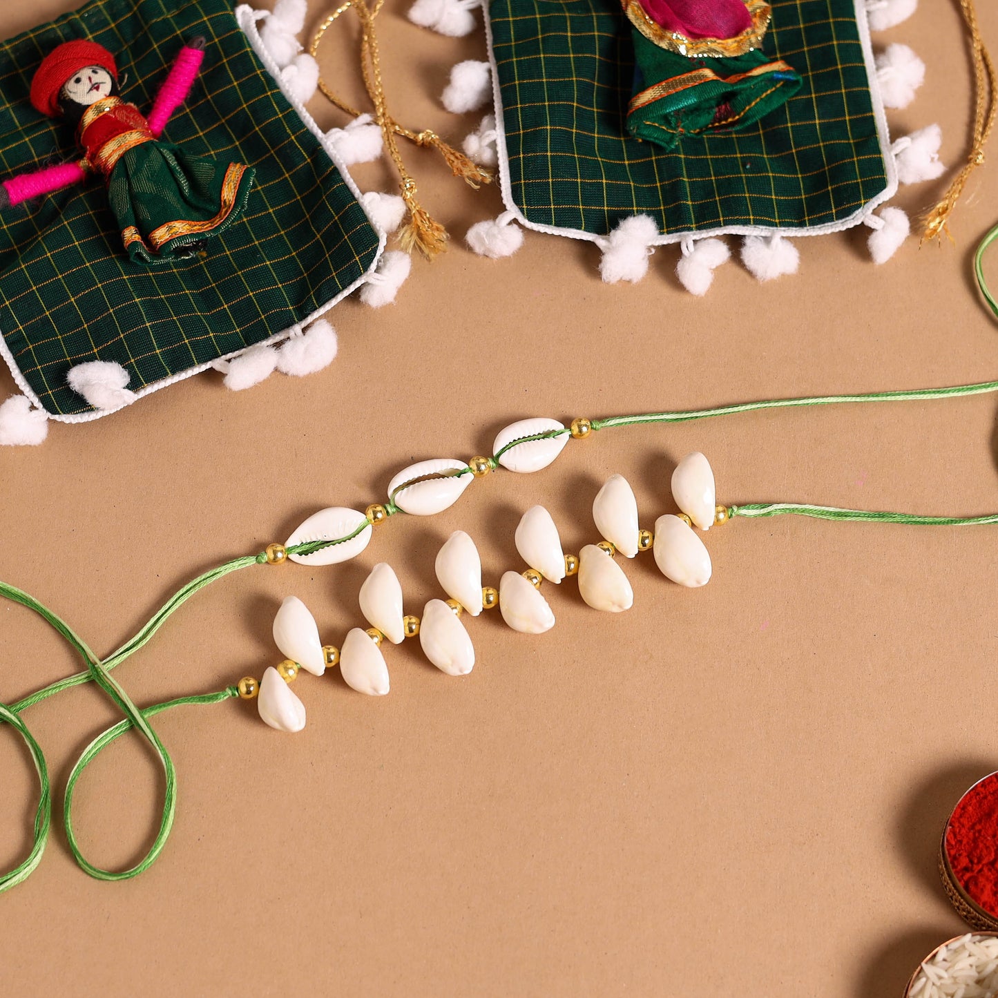 Handmade Shell & Bead Work Rakhi & Lumba Set