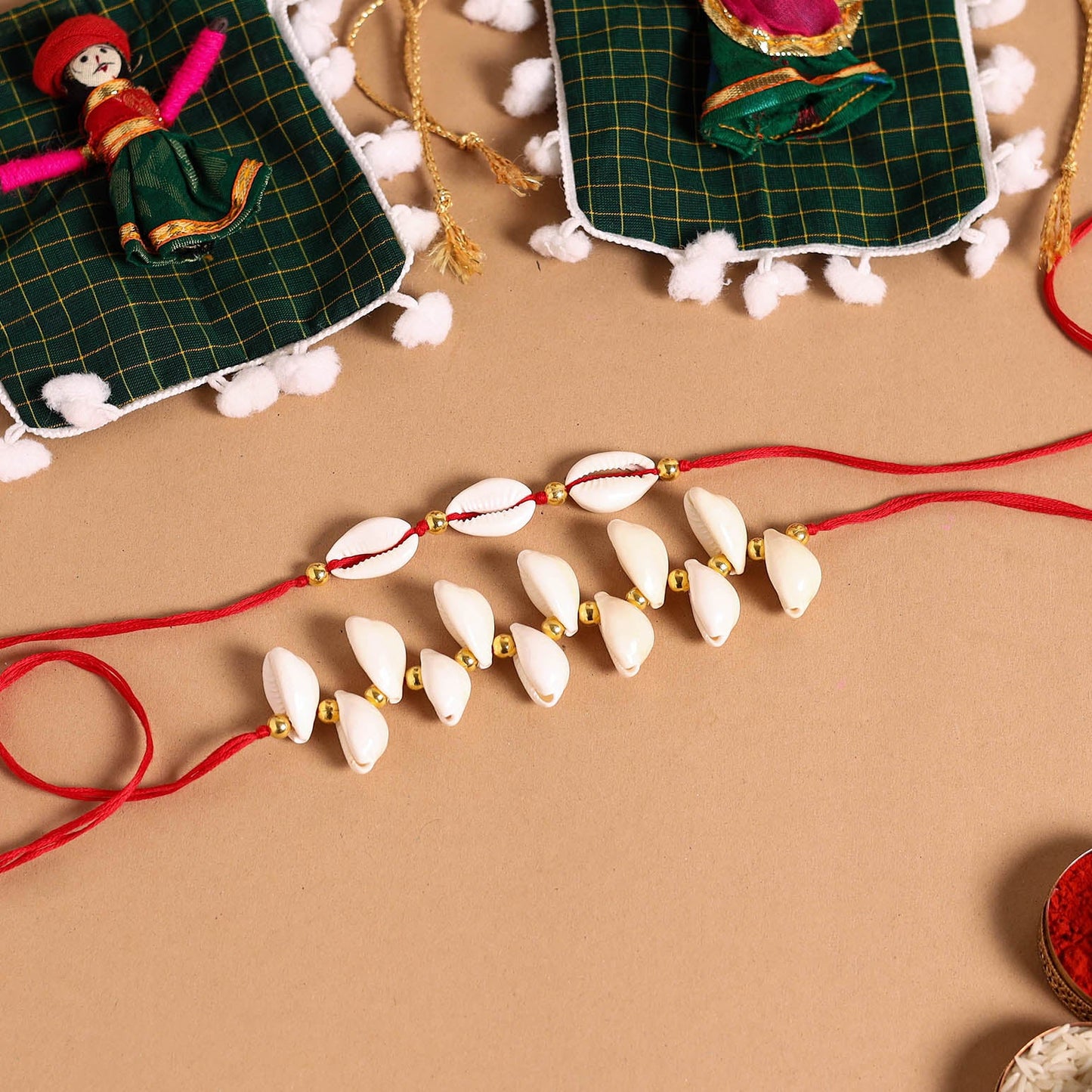 Handmade Shell & Bead Work Rakhi & Lumba Set