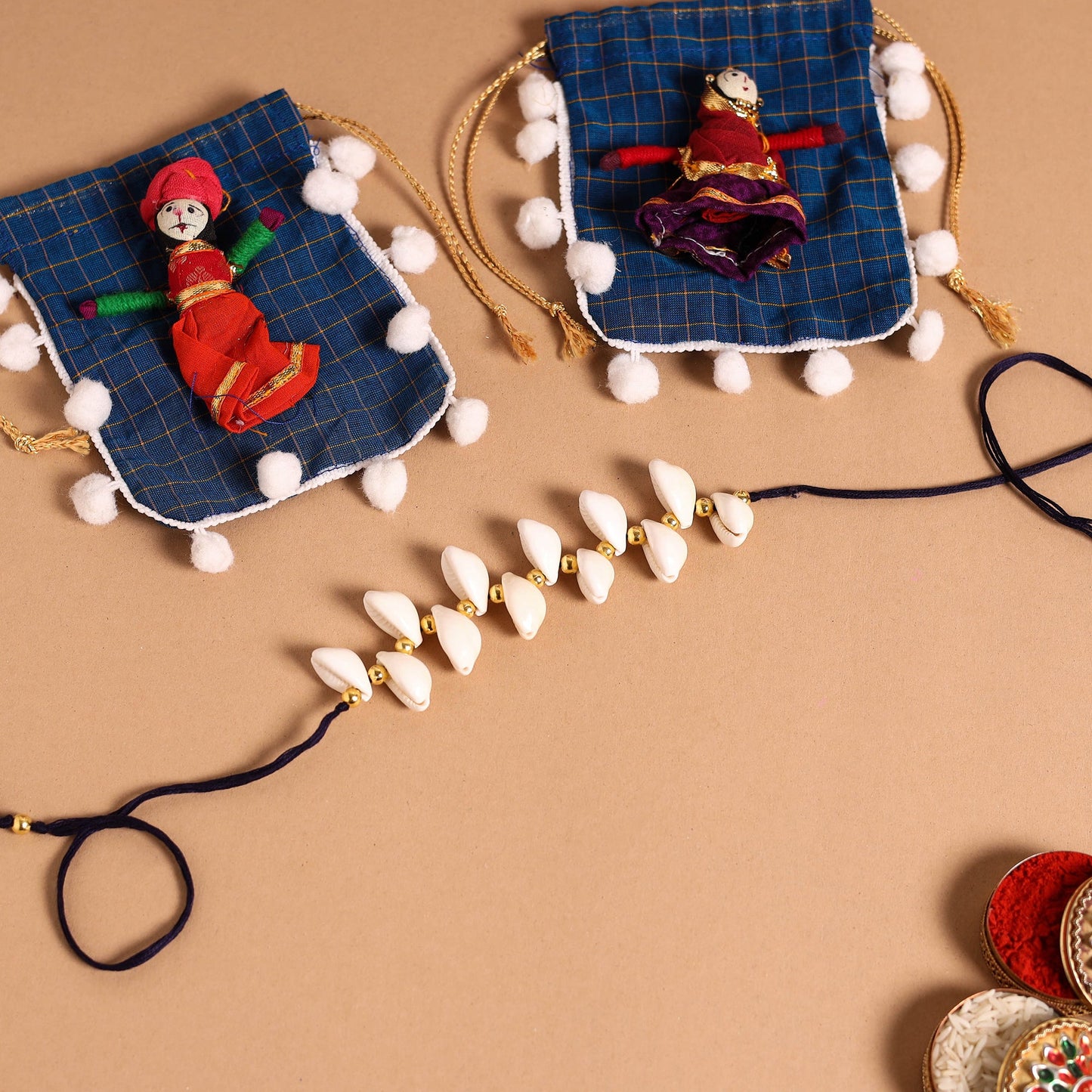 Handmade Shell & Bead Work Rakhi & Lumba Set