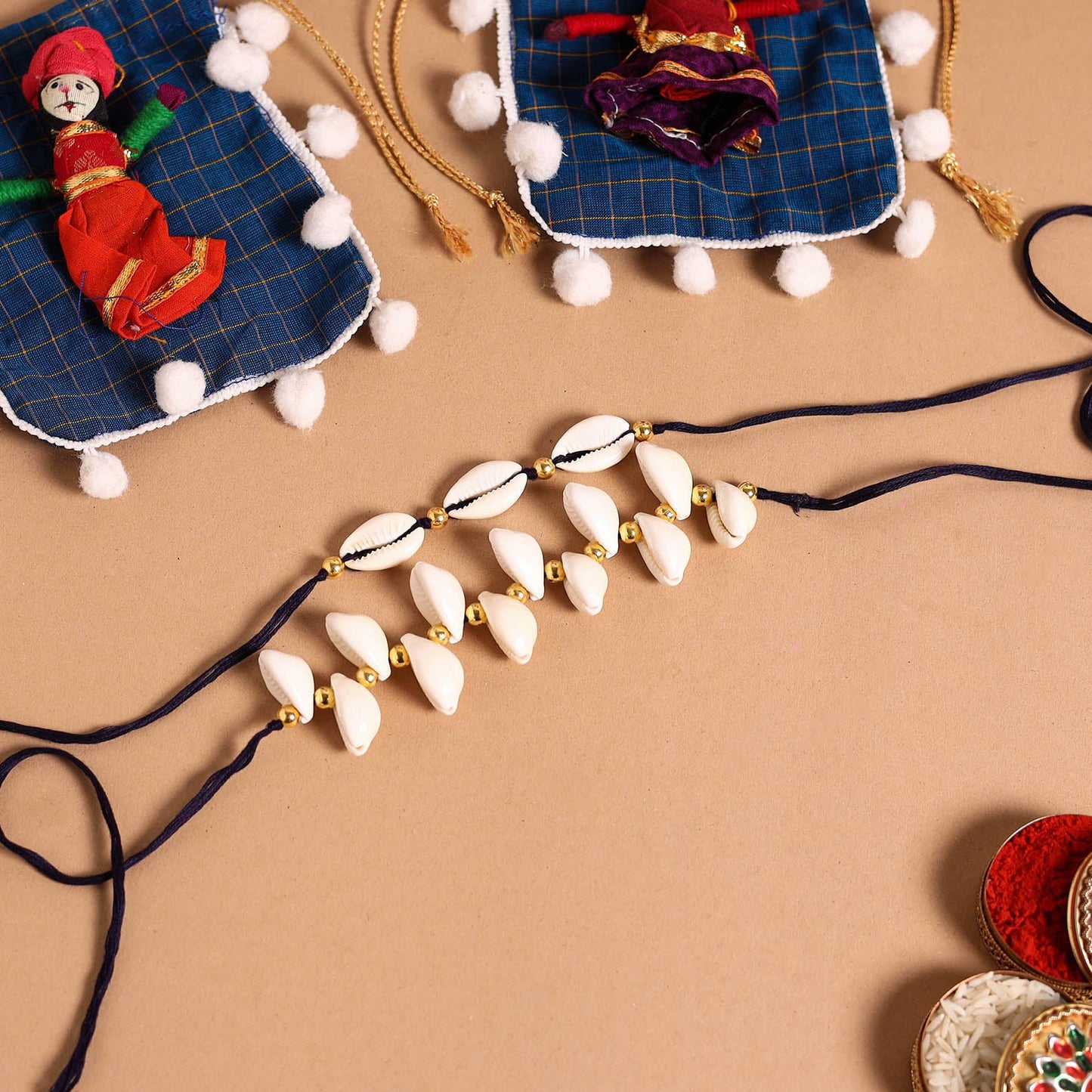 Handmade Shell & Bead Work Rakhi & Lumba Set