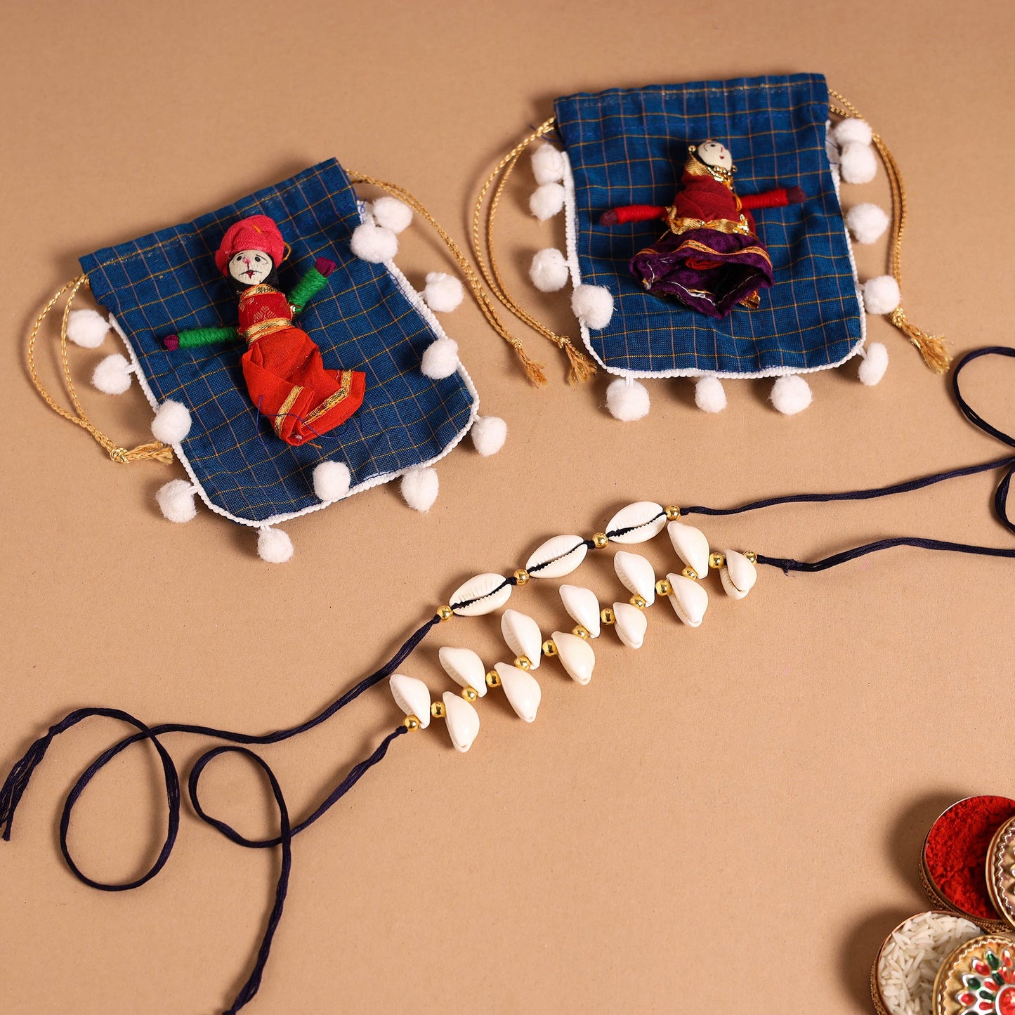 Handmade Shell & Bead Work Rakhi & Lumba Set