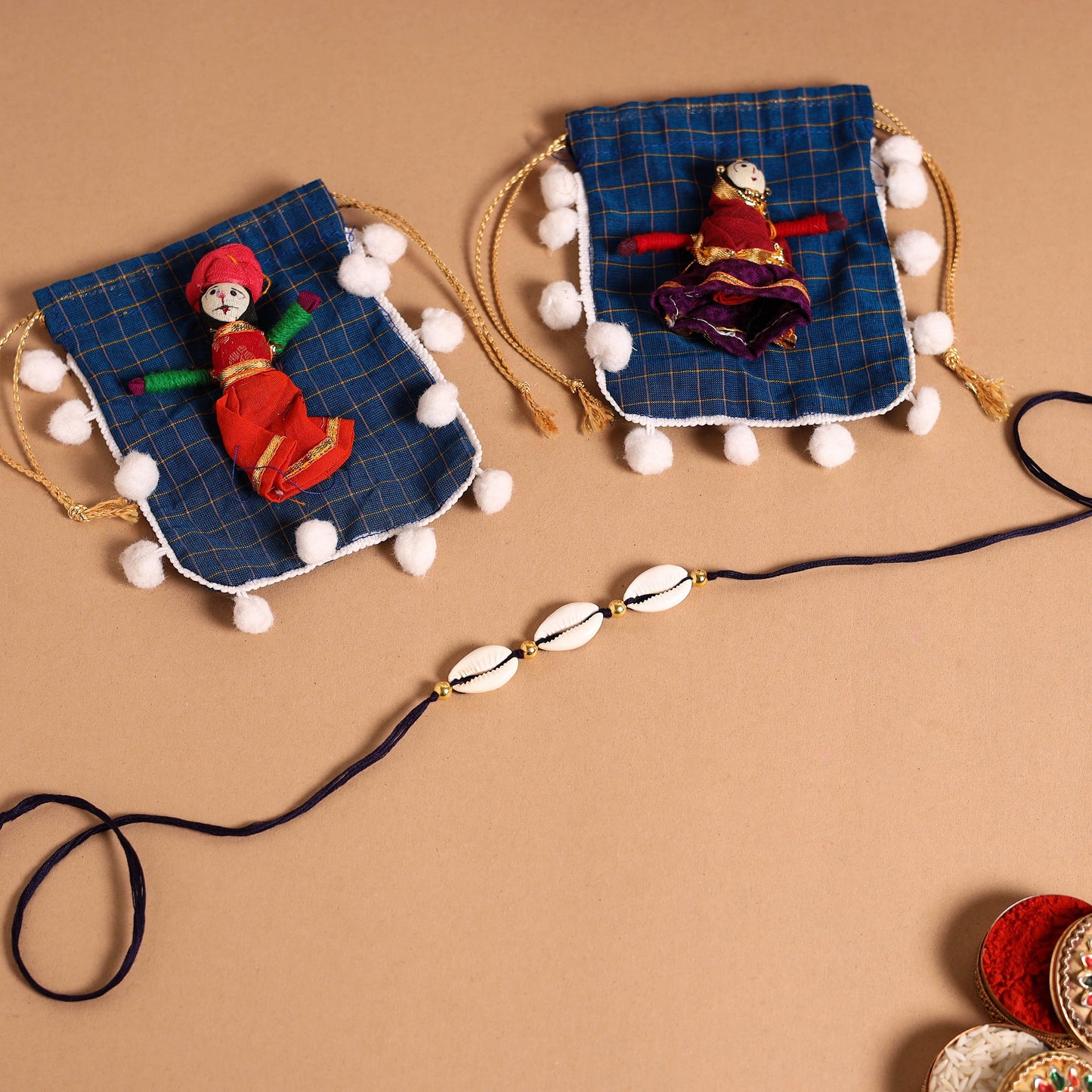 Handmade Shell & Bead Work Rakhi & Lumba Set