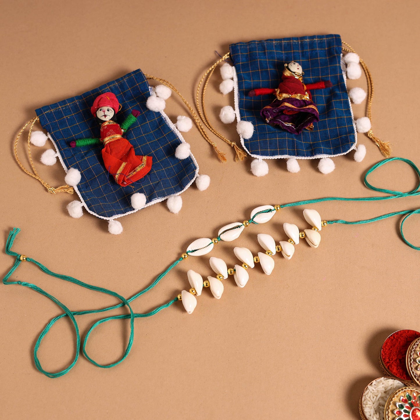 Handmade Shell & Bead Work Rakhi & Lumba Set