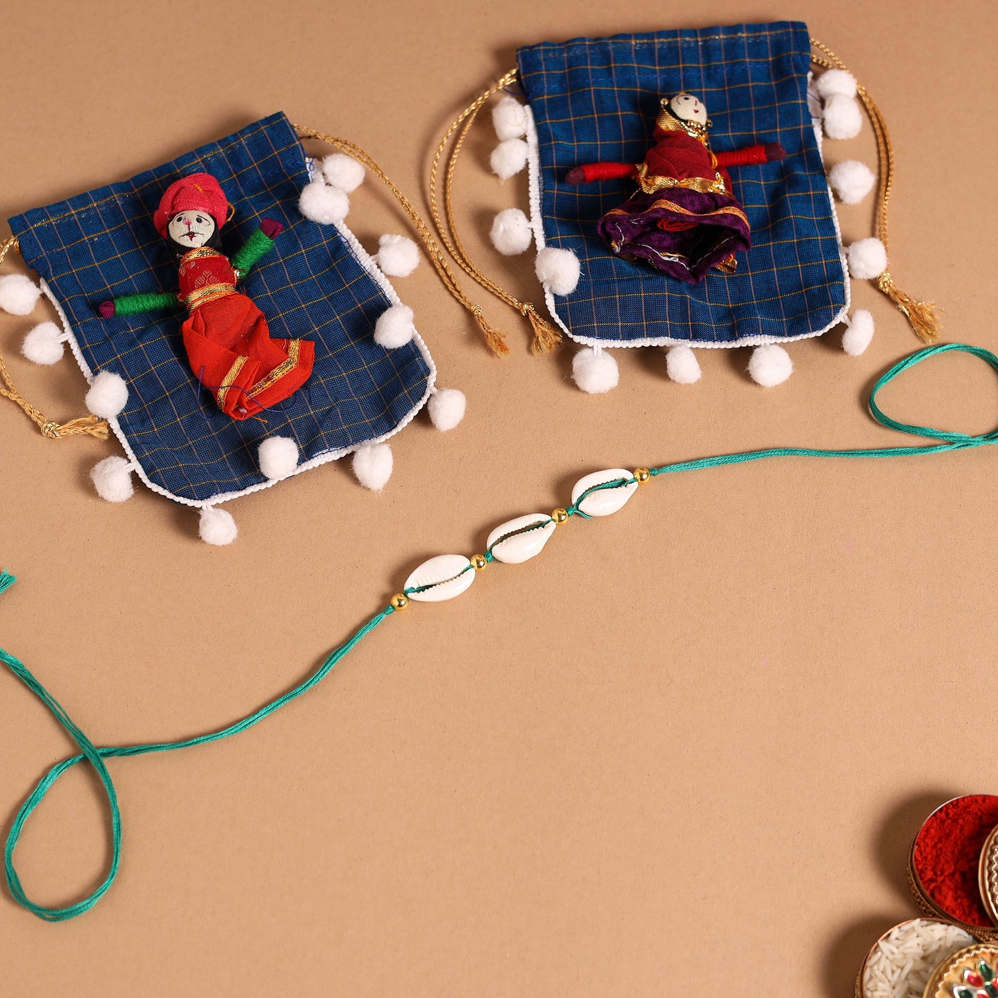 Handmade Shell & Bead Work Rakhi & Lumba Set