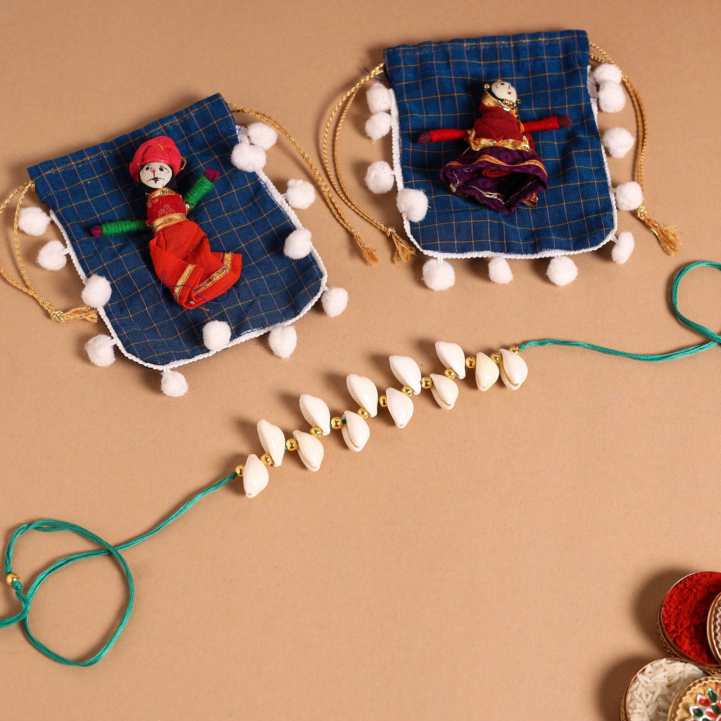 Handmade Shell & Bead Work Rakhi & Lumba Set