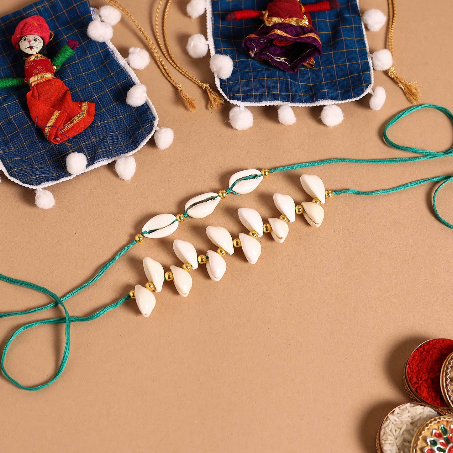 Handmade Shell & Bead Work Rakhi & Lumba Set