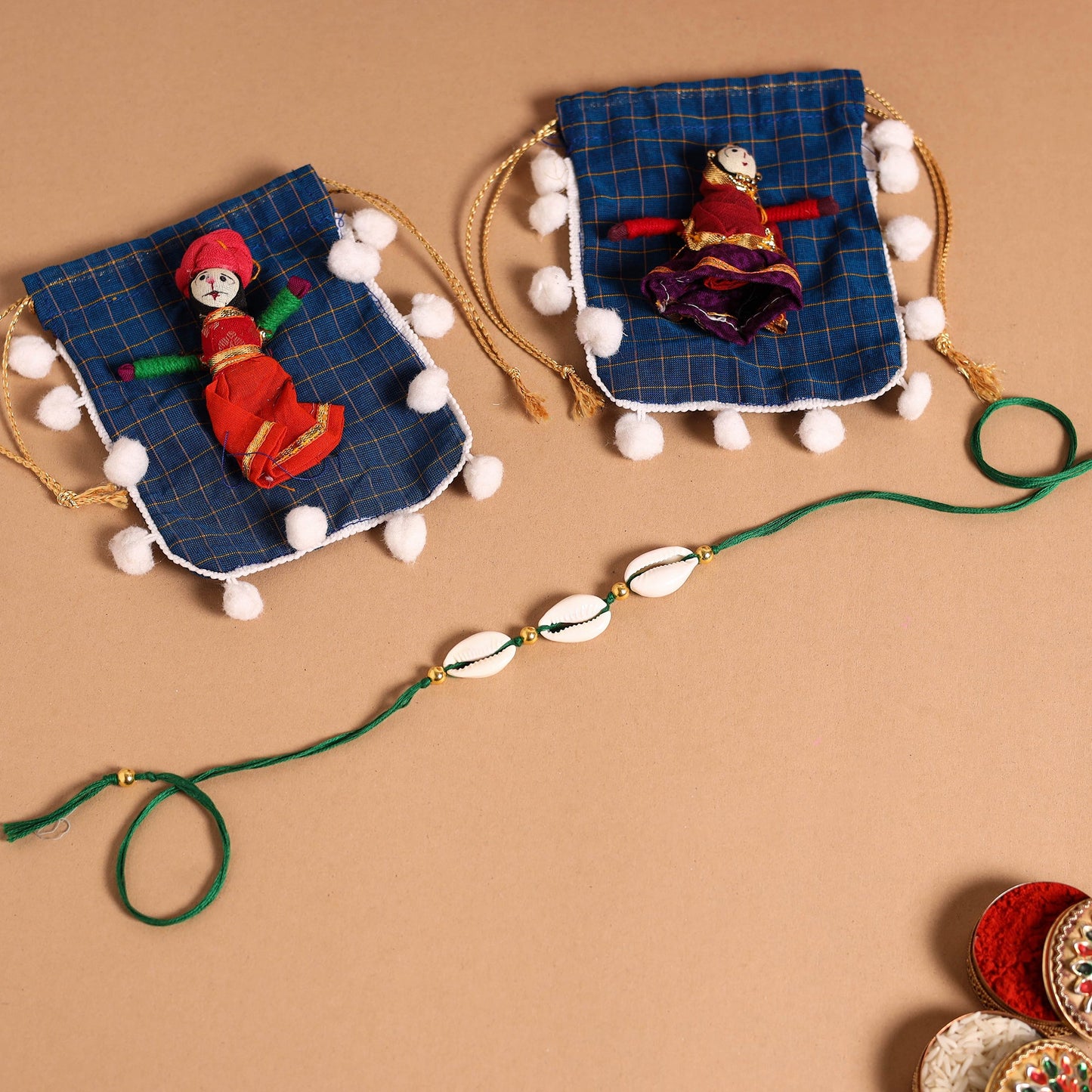 Handmade Shell & Bead Work Rakhi & Lumba Set