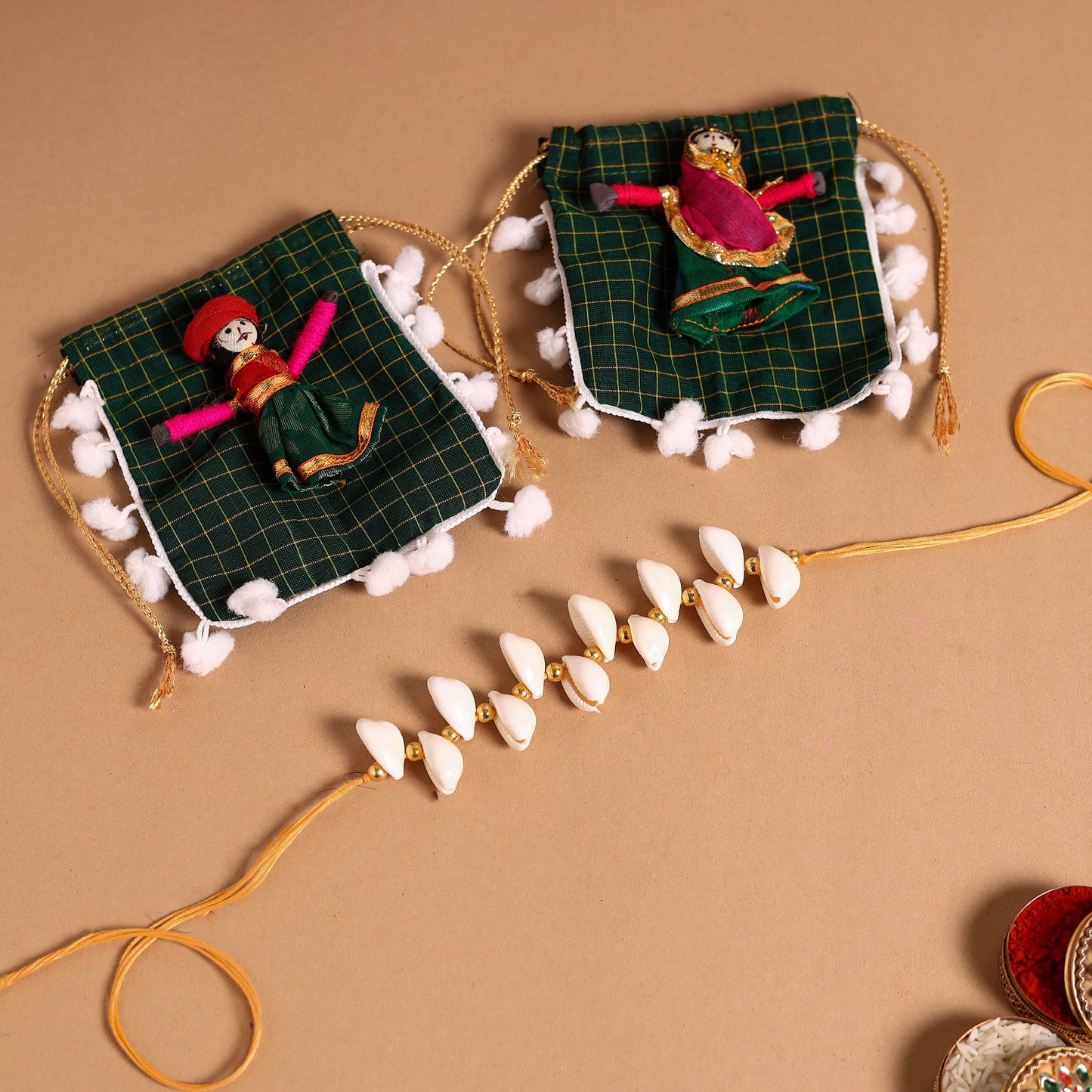 Handmade Shell & Bead Work Rakhi & Lumba Set