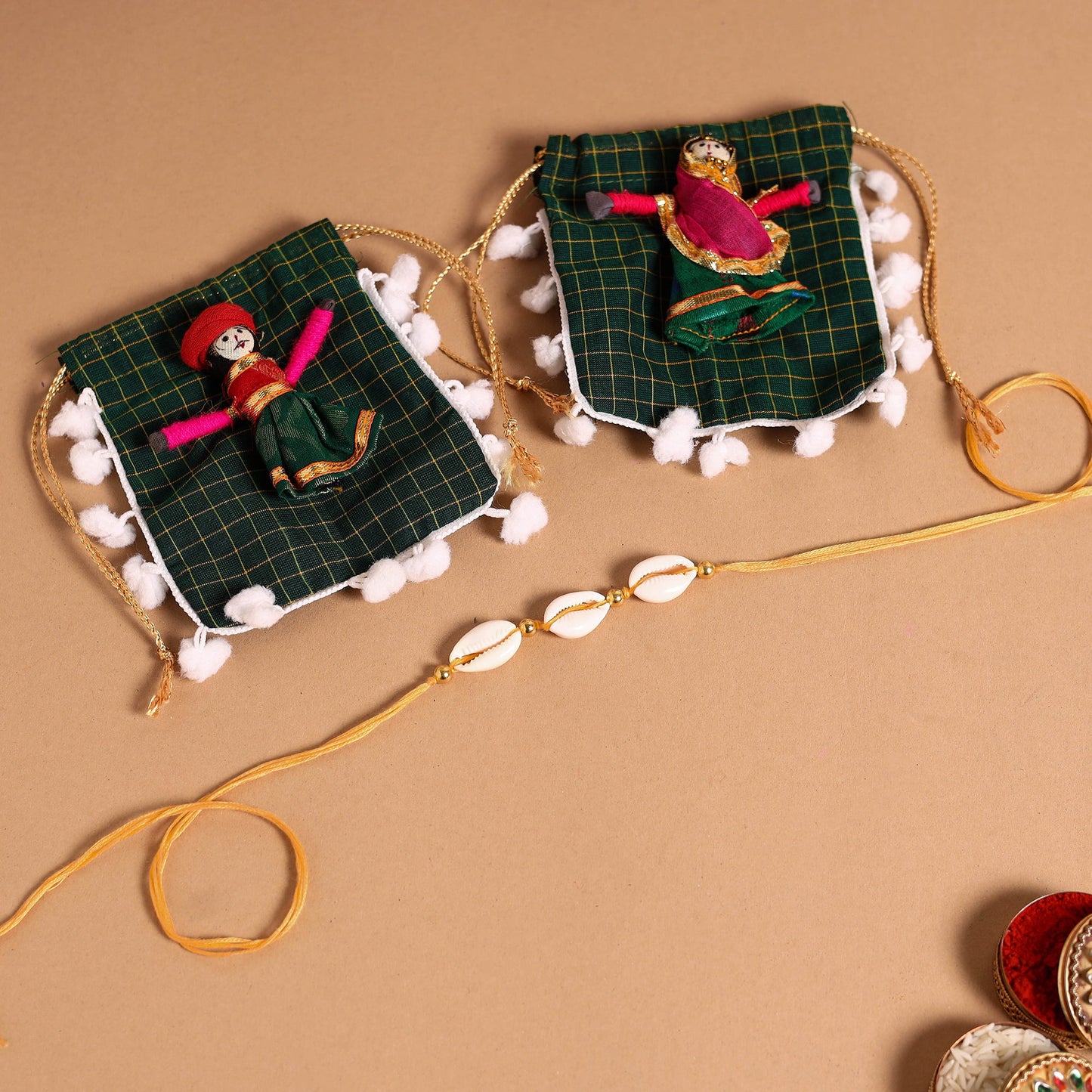 Handmade Shell & Bead Work Rakhi & Lumba Set