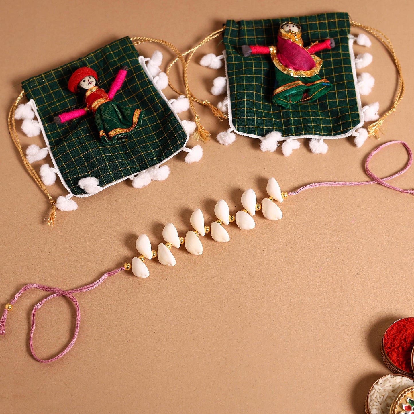 Handmade Shell & Bead Work Rakhi & Lumba Set