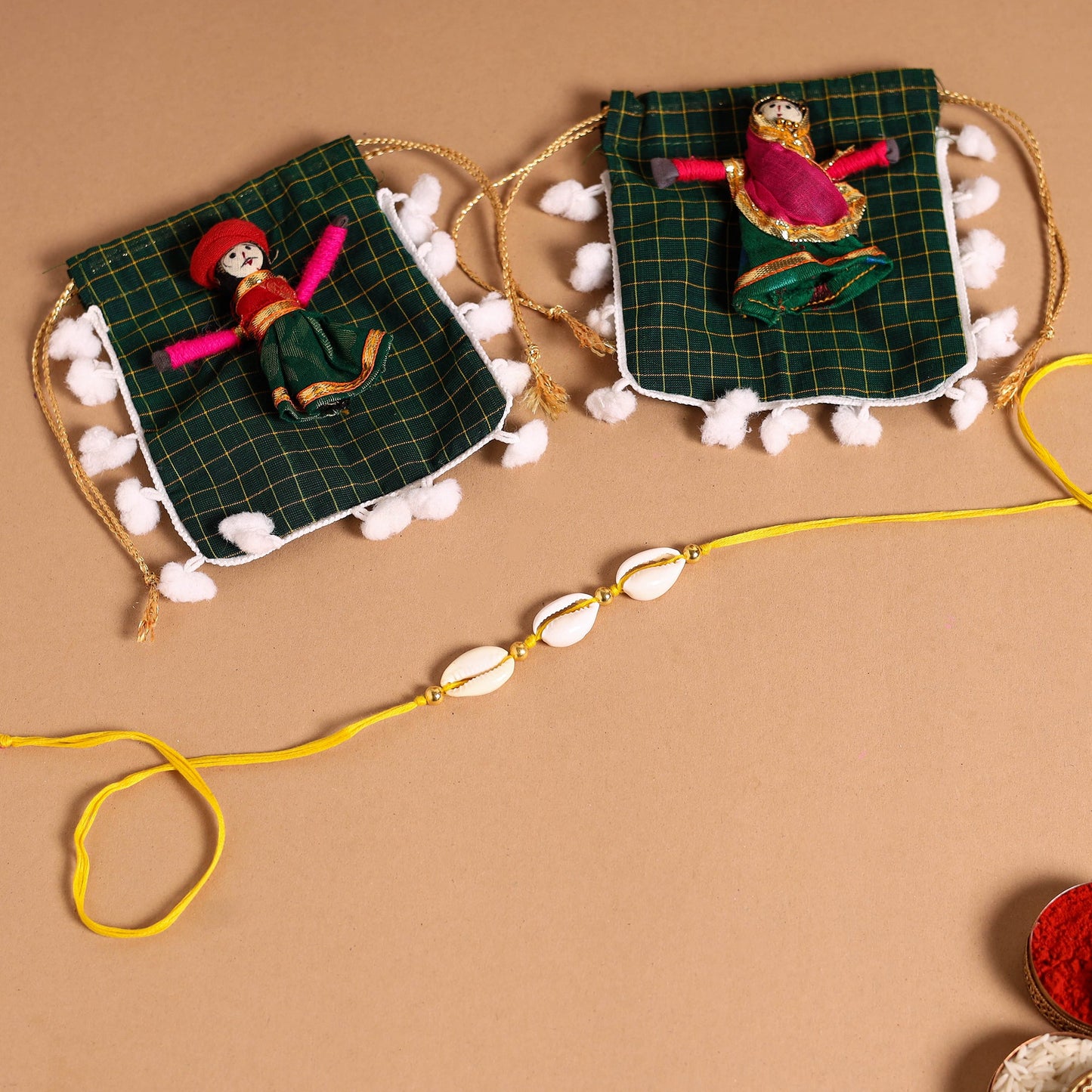 Handmade Shell & Bead Work Rakhi & Lumba Set