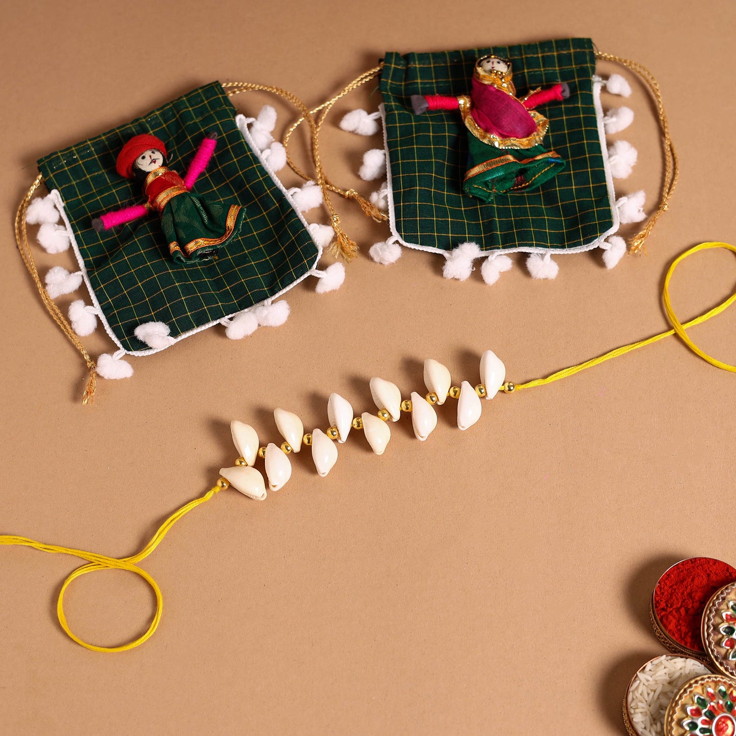 Handmade Shell & Bead Work Rakhi & Lumba Set