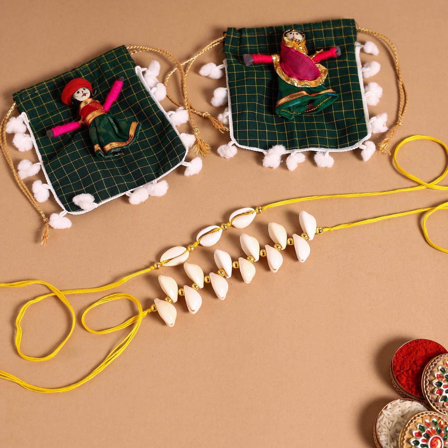 Handmade Shell & Bead Work Rakhi & Lumba Set