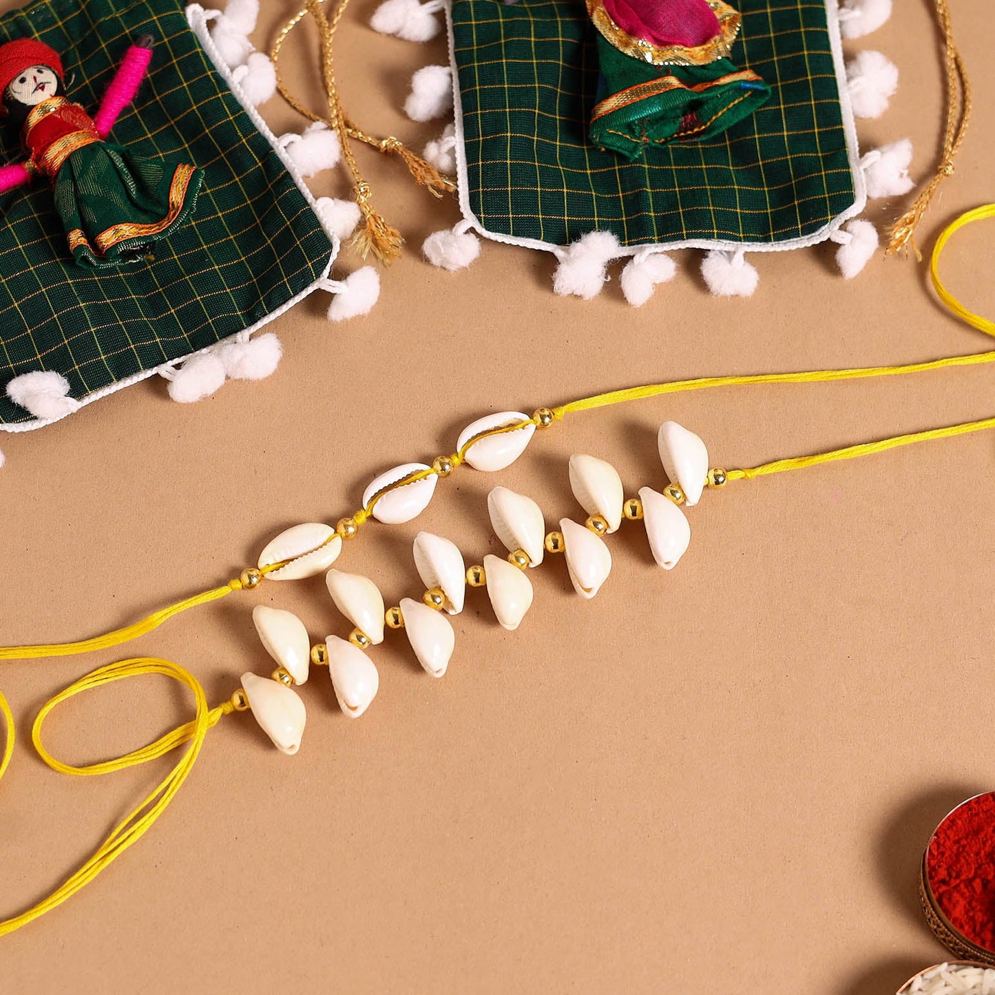 Handmade Shell & Bead Work Rakhi & Lumba Set
